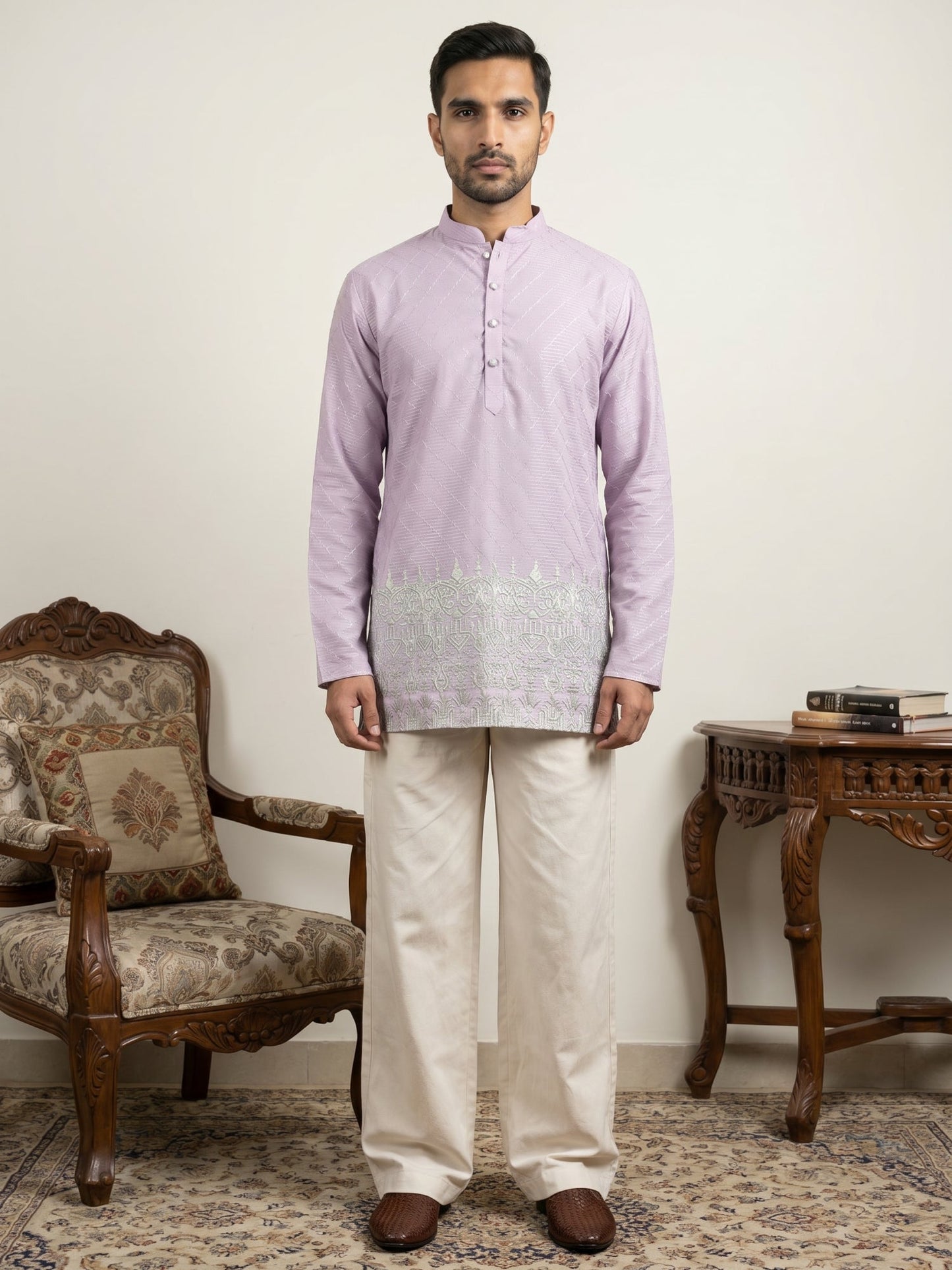 Men's Ethnic Printed & Thread Work Kurta with Korean Pants