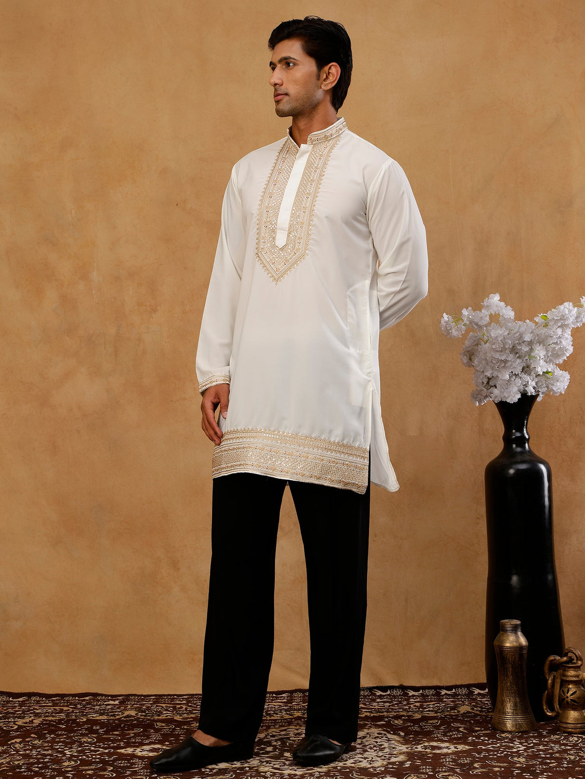 Japanese Fabric Embroidered Kurta with Korean Pant Set ( 65KP PJ11B F 5576 White )