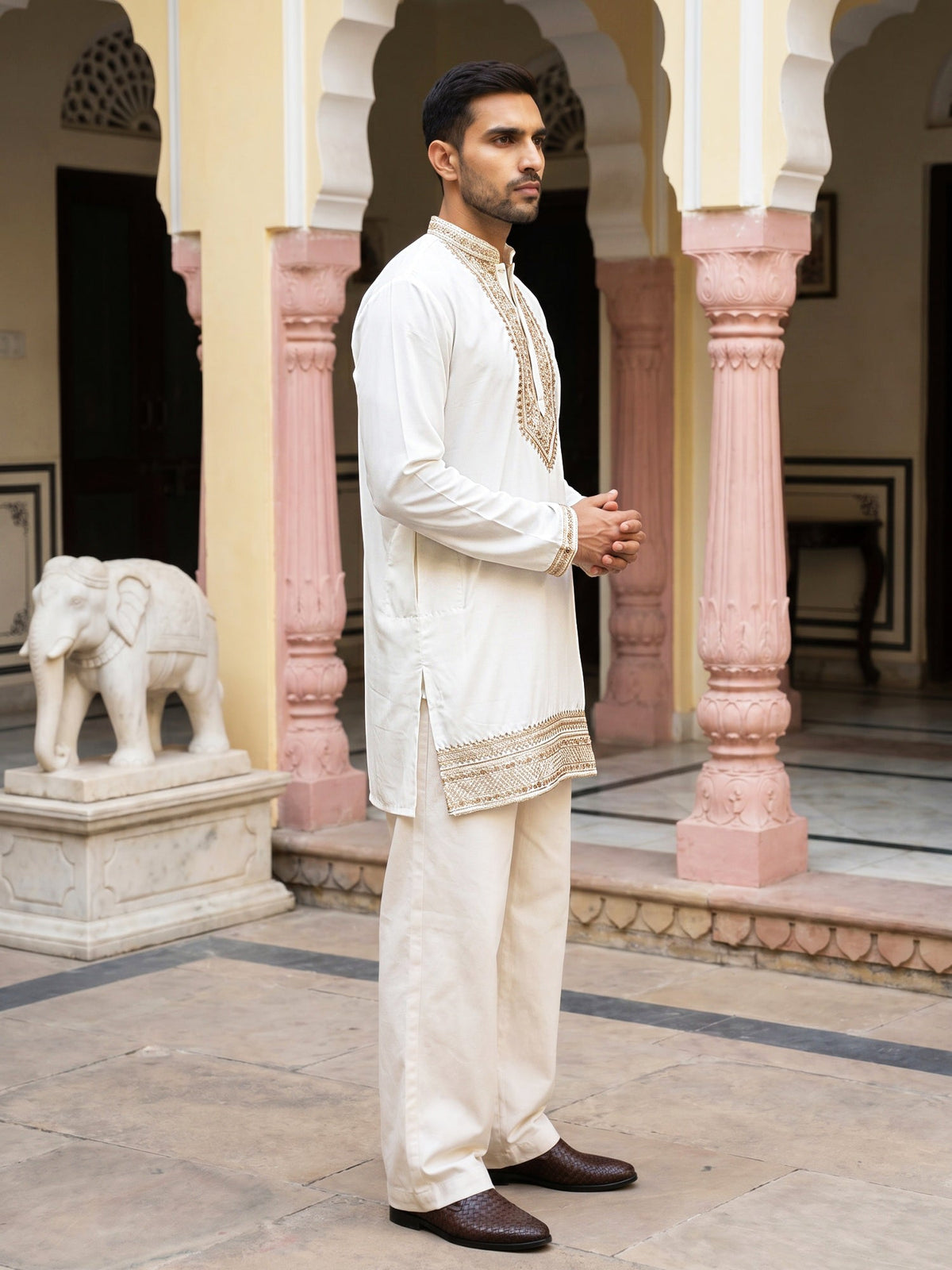 Japanese Fabric Embroidered Kurta with Korean Pant Set ( 65KP PJ11W 5576White ) [FF] [G-4]