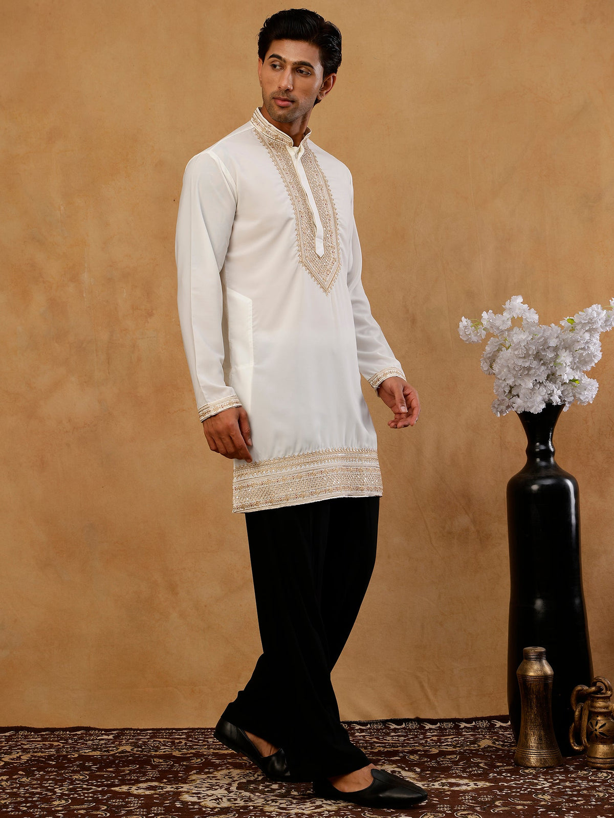 Japanese Fabric Embroidered Kurta with Korean Pant Set ( 65KP PJ11B F 5576 White )