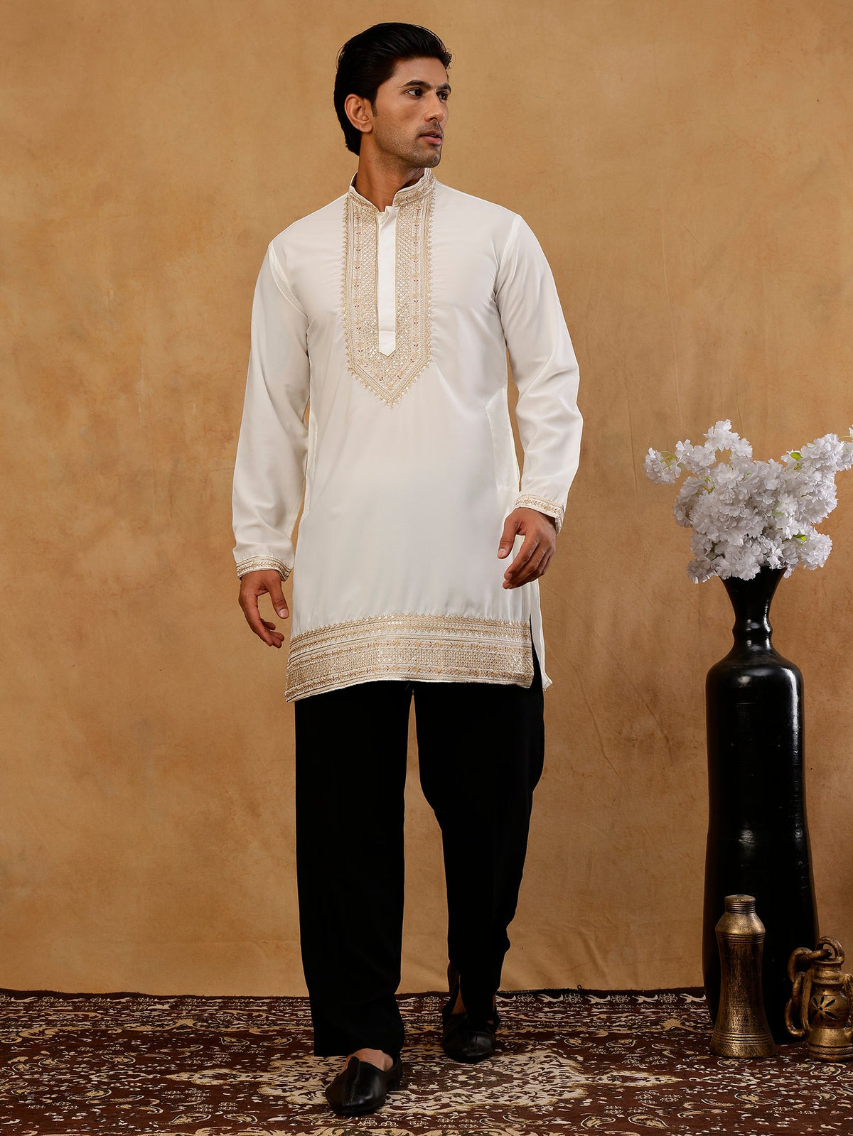 Japanese Fabric Embroidered Kurta with Korean Pant Set ( 65KP PJ11B F 5576 White )