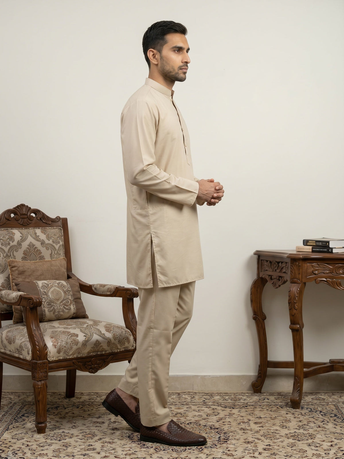 Classic Silk Blend Kurta Pyjama Set for Men ( 65KP 5586Beige ) [FF] [WAISTCOAT]