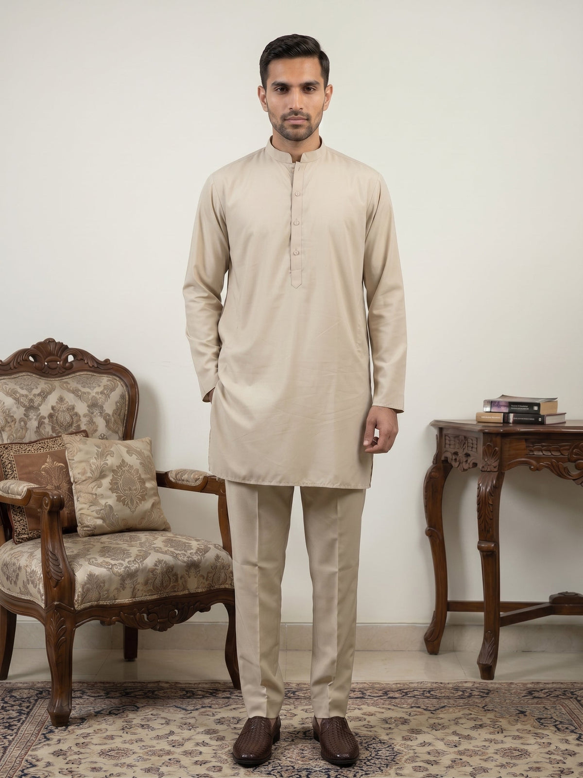 Classic Silk Blend Kurta Pyjama Set for Men ( 65KP 5586Beige ) [FF] [WAISTCOAT]