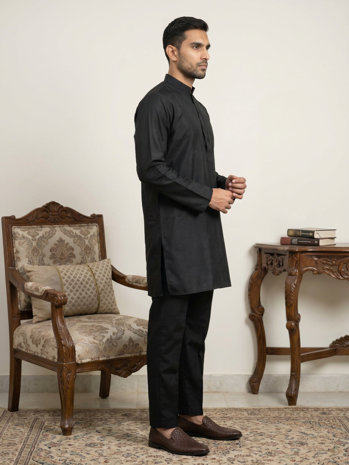 Classic Silk Blend Kurta Pyjama Set for Men ( 65KP 5586Black ) [FF] [WAISTCOAT]