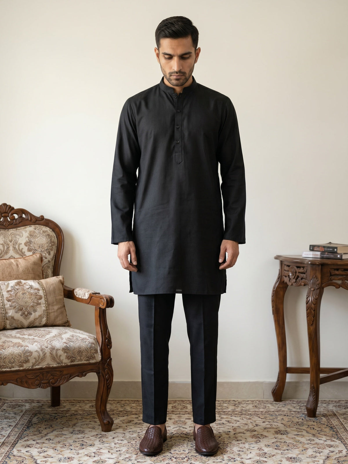 Classic Silk Blend Kurta Pyjama Set for Men ( 65KP 5586Black ) [FF] [WAISTCOAT]