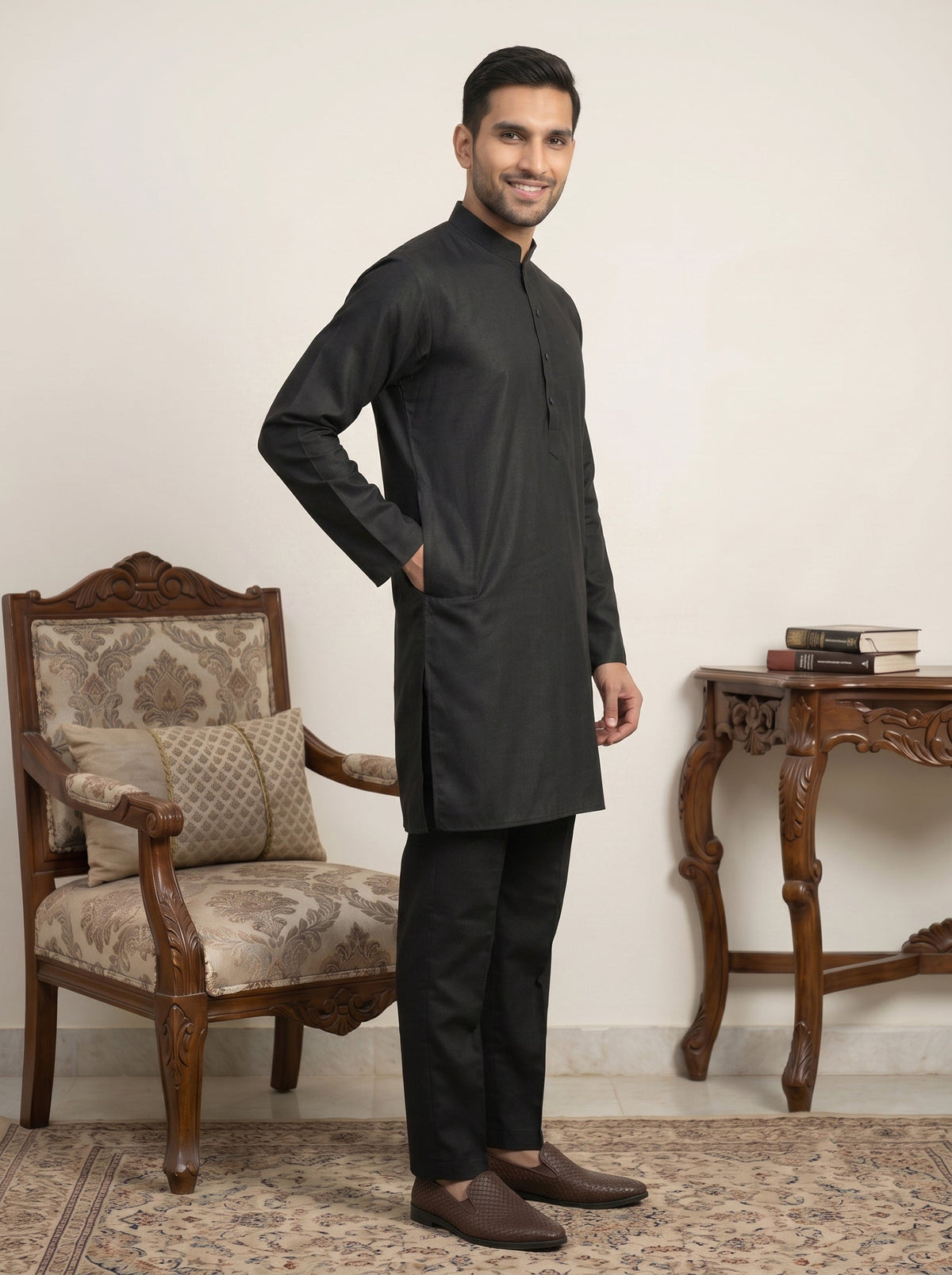 Classic Silk Blend Kurta Pyjama Set for Men ( 65KP 5586Black ) [FF] [WAISTCOAT]