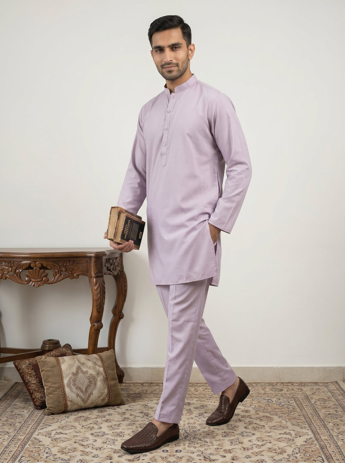 Classic Silk Blend Kurta Pyjama Set for Men ( 65KP 5586Lavender ) [FF] [WAISTCOAT]