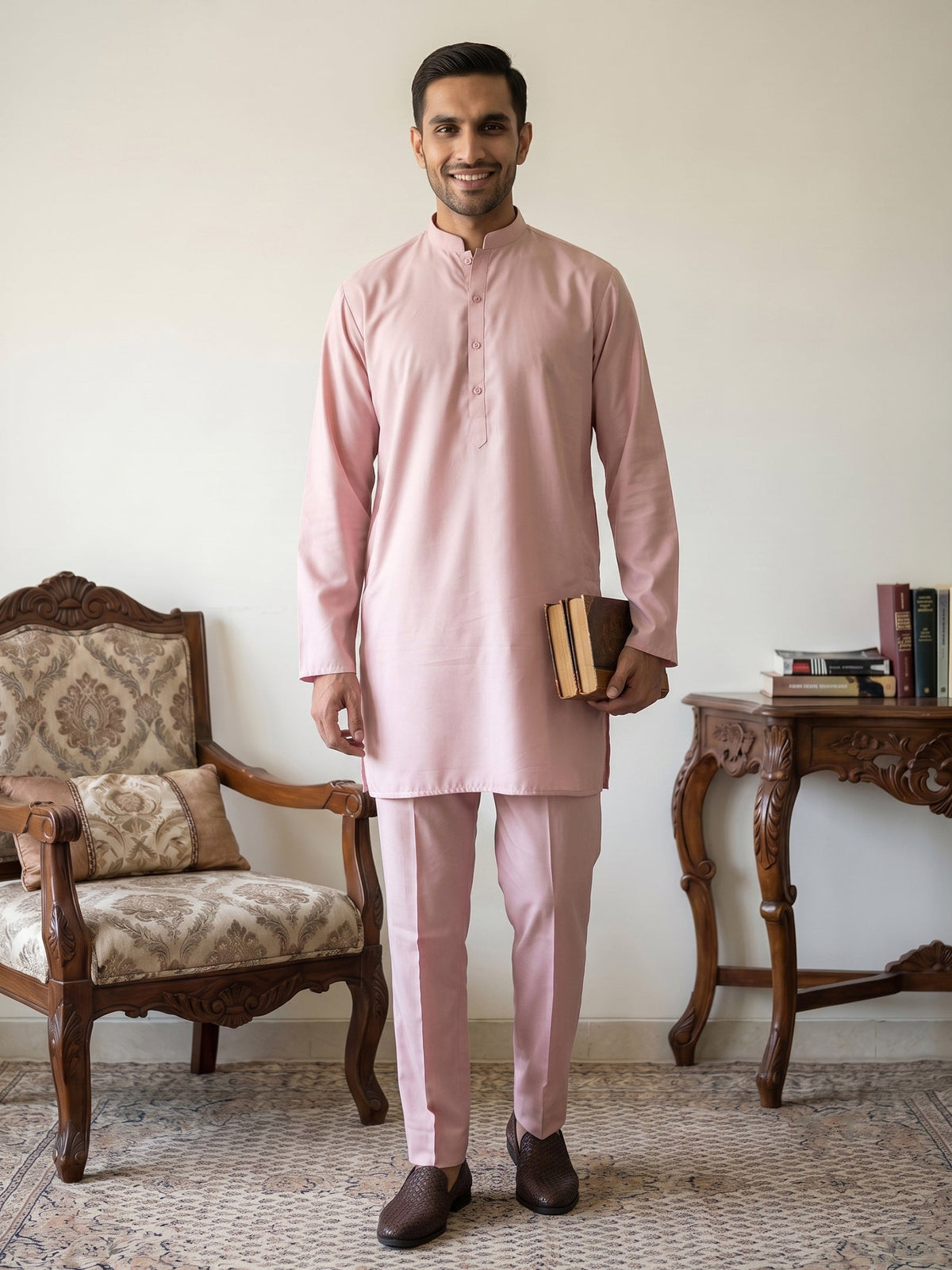 Classic Silk Blend Kurta Pyjama Set for Men ( 65KP 5586Peach ) [FF] [WAISTCOAT]