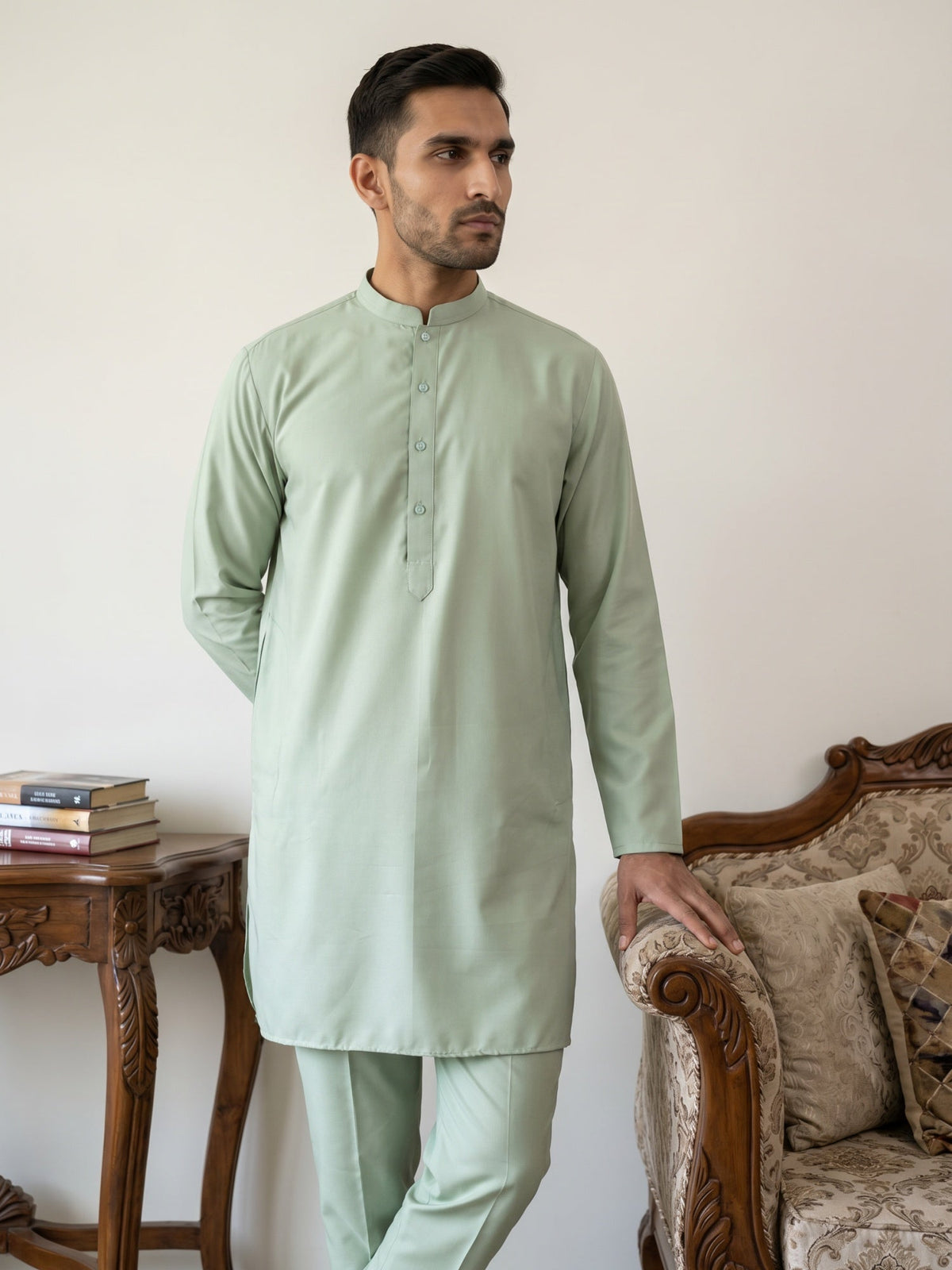 Classic Silk Blend Kurta Pyjama Set for Men ( 65KP 5586Pista ) [FF] [WAISTCOAT]