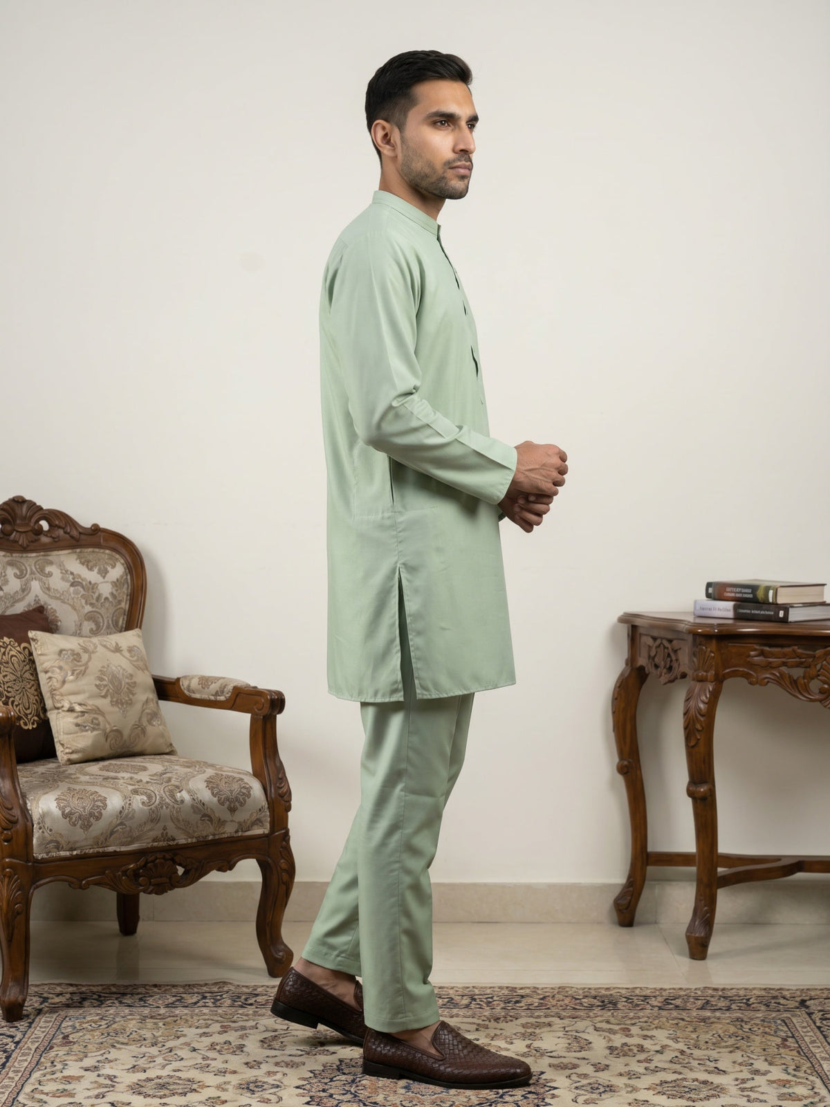 Classic Silk Blend Kurta Pyjama Set for Men ( 65KP 5586Pista ) [FF] [WAISTCOAT]