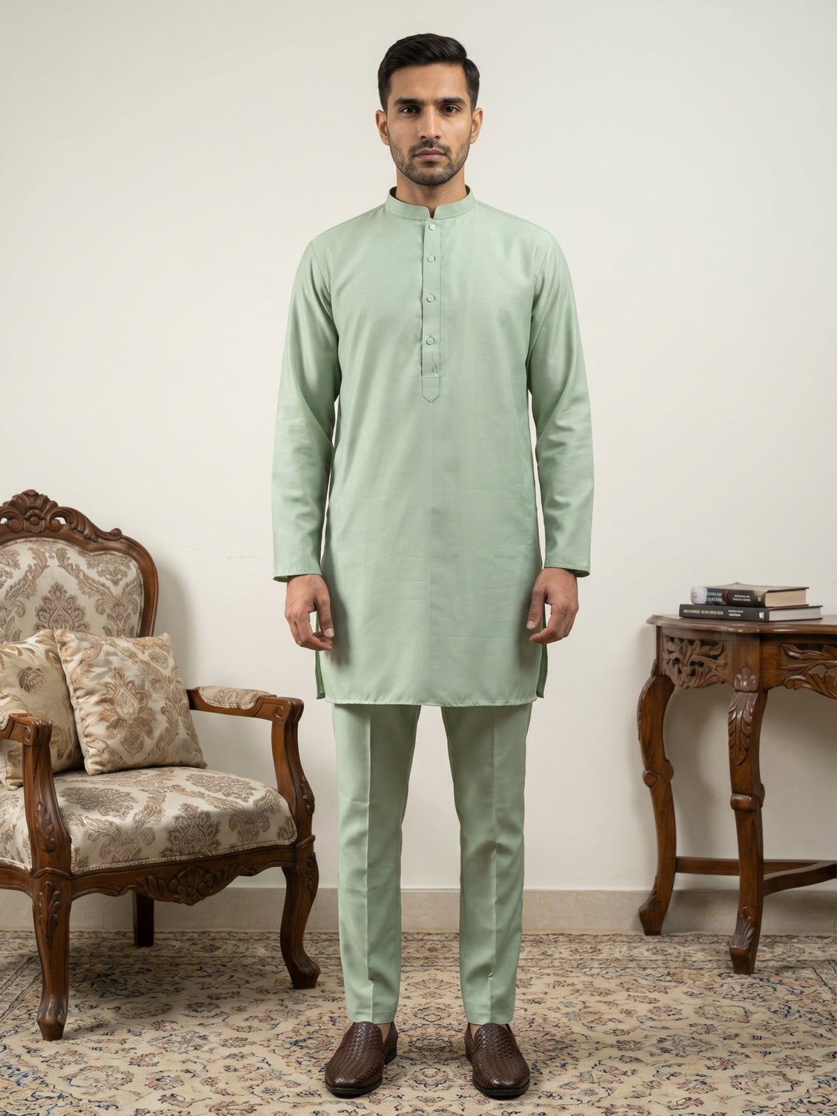 Classic Silk Blend Kurta Pyjama Set for Men ( 65KP 5586Pista ) [FF] [WAISTCOAT]