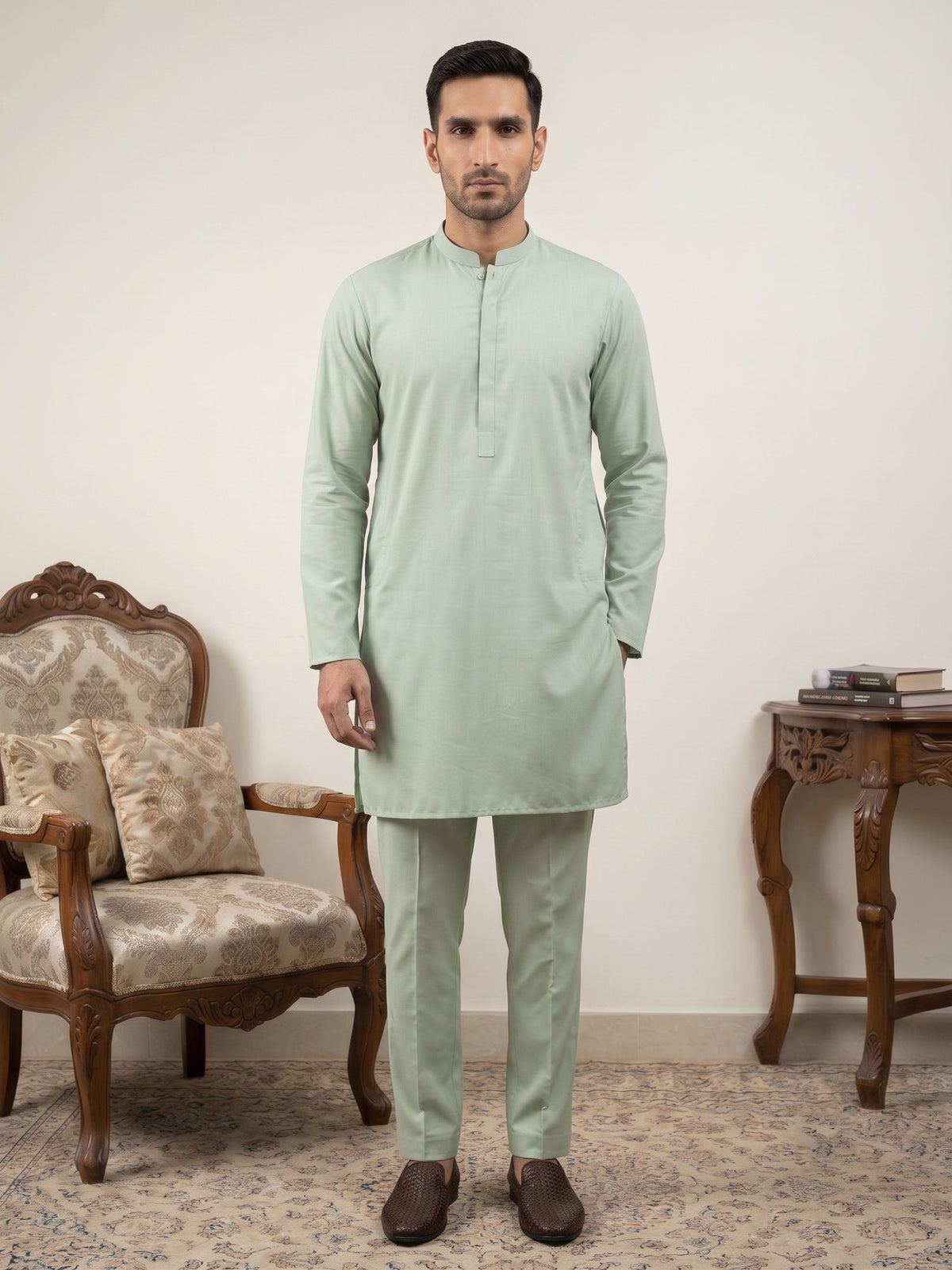Classic Silk Blend Kurta Pyjama Set for Men ( 65KP 5586Pista ) [FF] [WAISTCOAT]