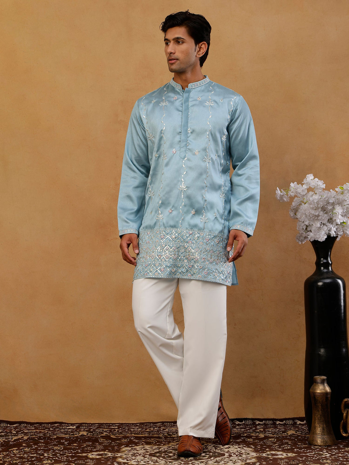 Men's Silk Blend Embroidered Kurta with Korean Pants Set ( 65KP PJ11W S 5595 Sky )