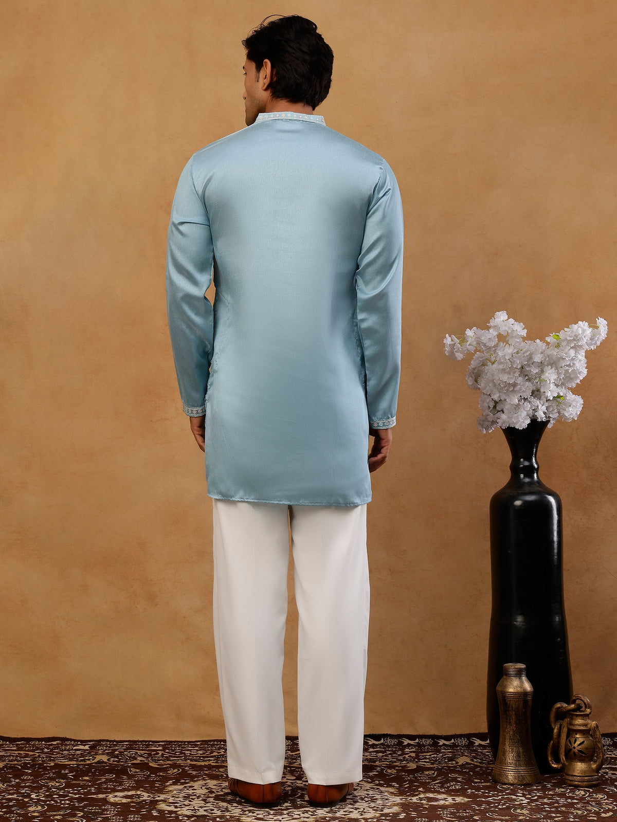 Men's Silk Blend Embroidered Kurta with Korean Pants Set ( 65KP PJ11W S 5595 Sky )