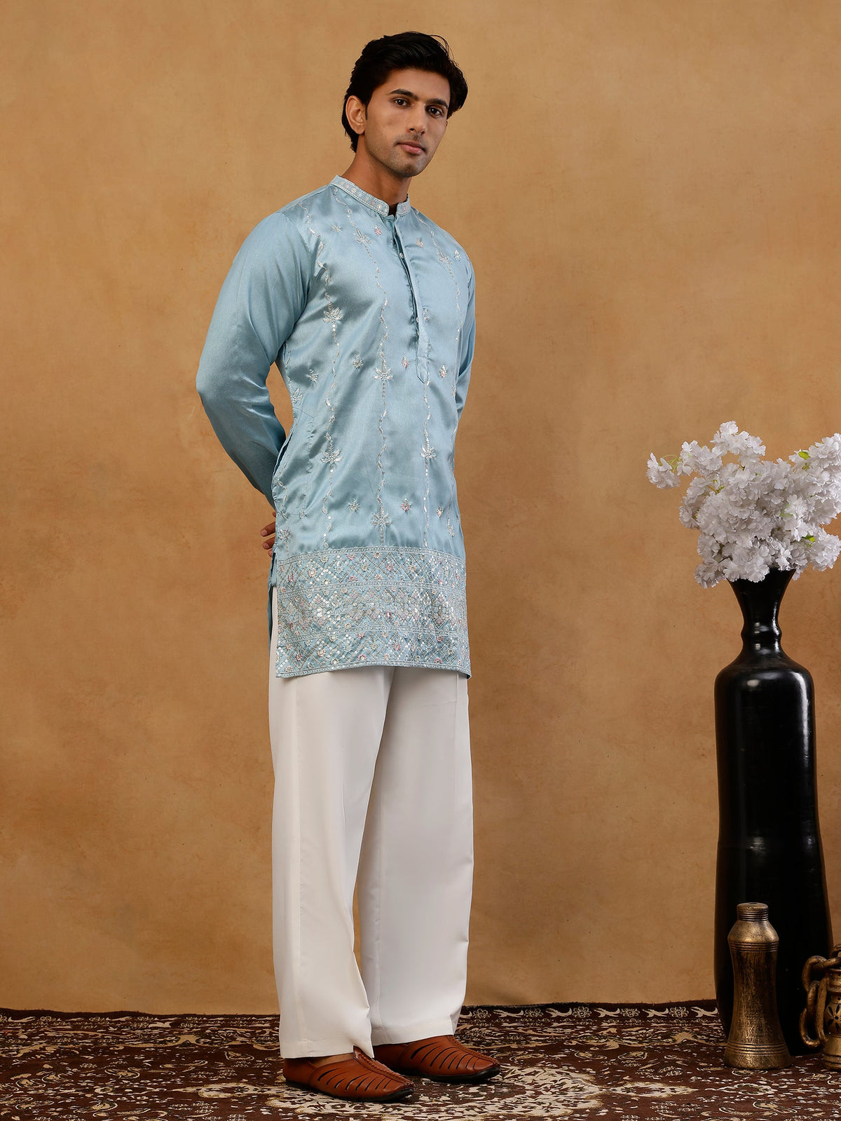 Men's Silk Blend Embroidered Kurta with Korean Pants Set ( 65KP PJ11W S 5595 Sky )