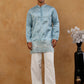 Men's Silk Blend Embroidered Kurta with Korean Pants Set ( 65KP PJ11W S 5595 Sky )