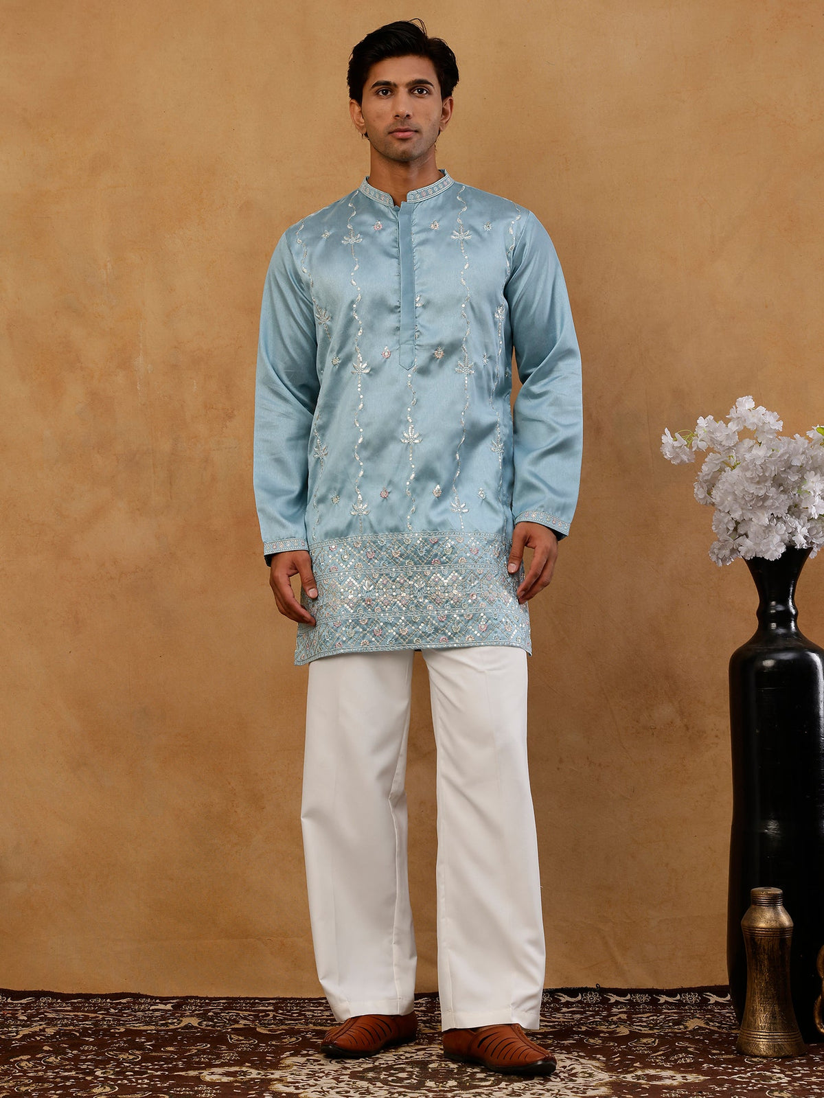 Men's Silk Blend Embroidered Kurta with Korean Pants Set ( 65KP PJ11W S 5595 Sky )