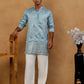 Men's Silk Blend Embroidered Kurta with Korean Pants Set ( 65KP PJ11W S 5595 Sky )