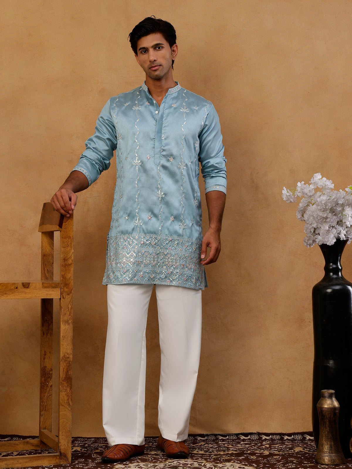 Men's Silk Blend Embroidered Kurta with Korean Pants Set ( 65KP PJ11W S 5595 Sky )
