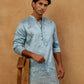Men's Silk Blend Embroidered Kurta with Korean Pants Set ( 65KP PJ11W S 5595 Sky )