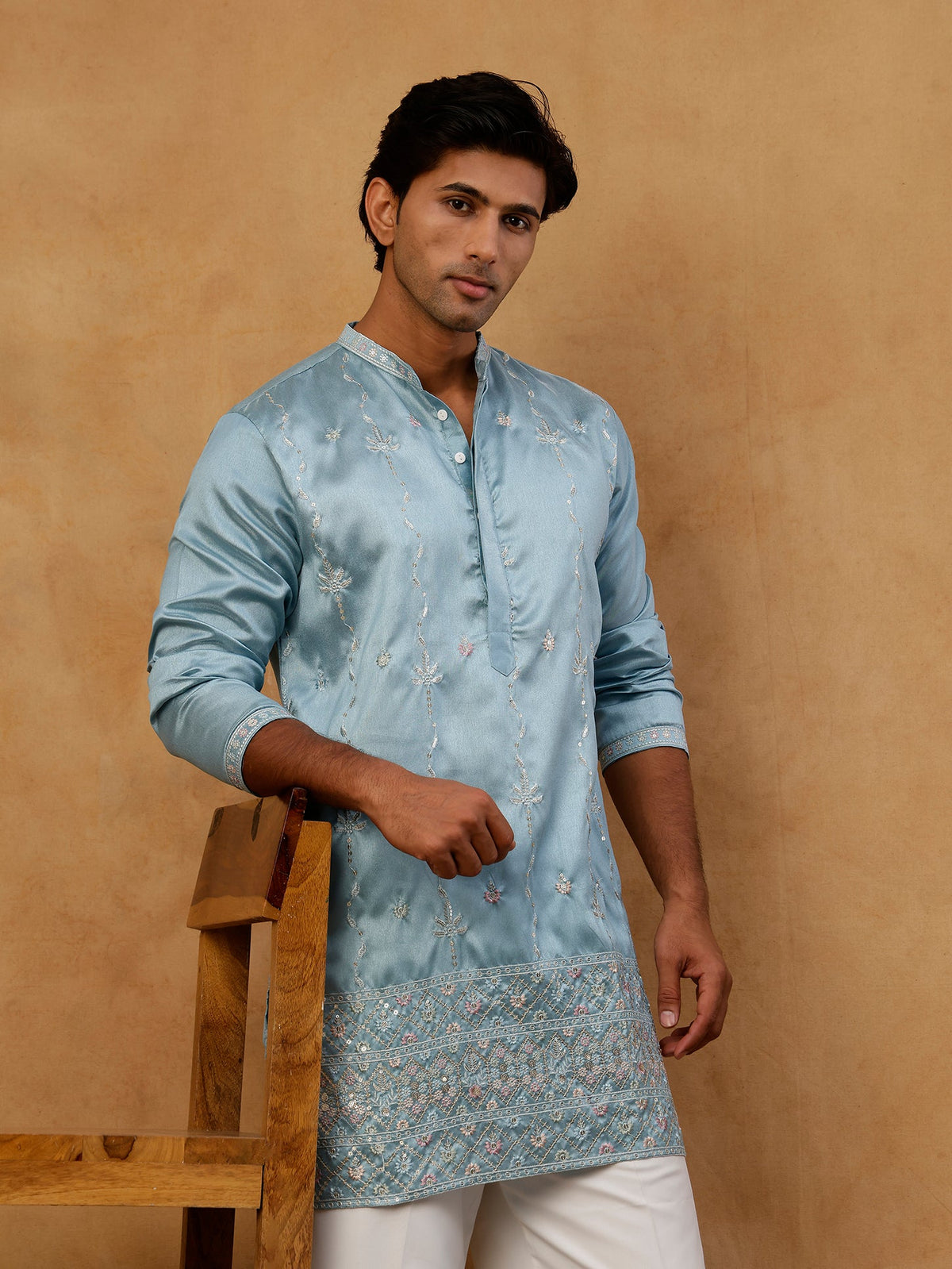 Men's Silk Blend Embroidered Kurta with Korean Pants Set ( 65KP PJ11W S 5595 Sky )