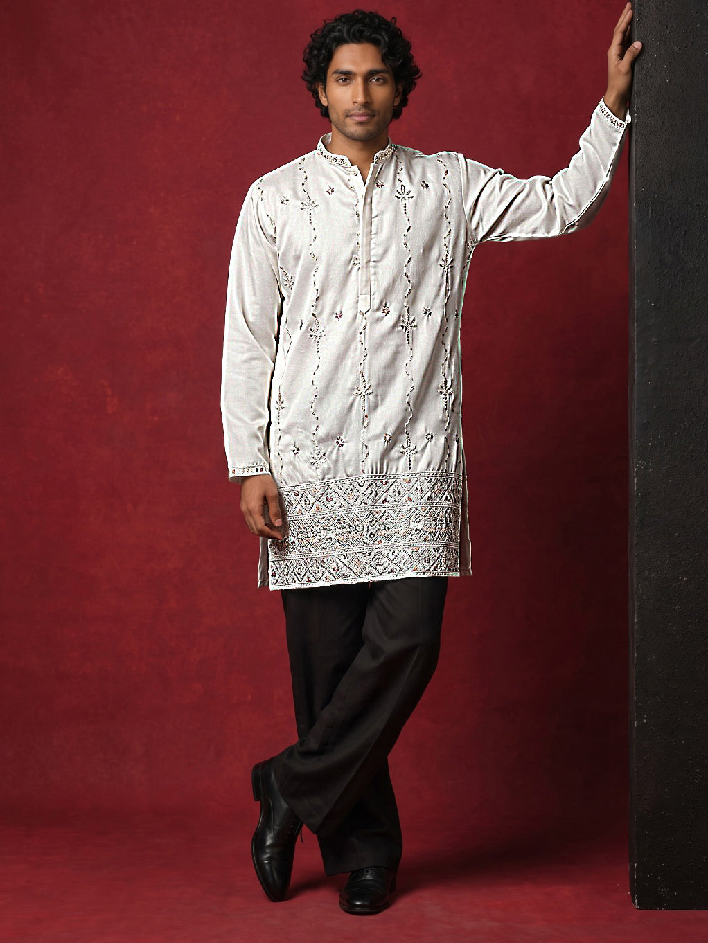 Men's Silk Blend Embroidered Kurta with Korean Pants Set ( 65KP PJ11B 5595White ) [FF] [G-4]