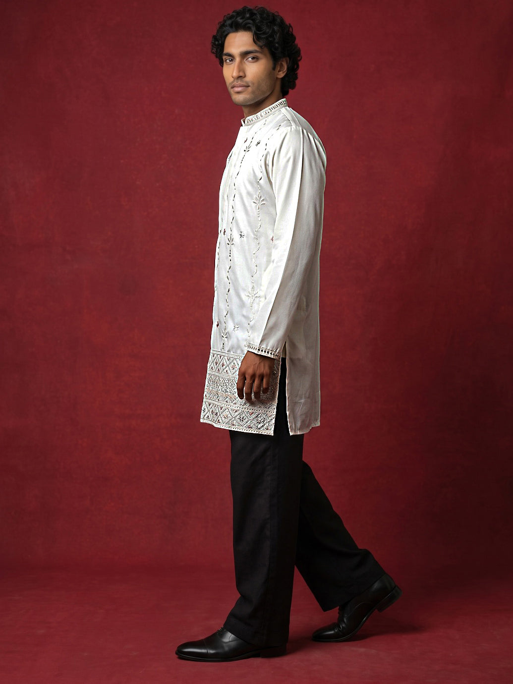 Men's Silk Blend Embroidered Kurta with Korean Pants Set ( 65KP PJ11B 5595White ) [FF] [G-4]