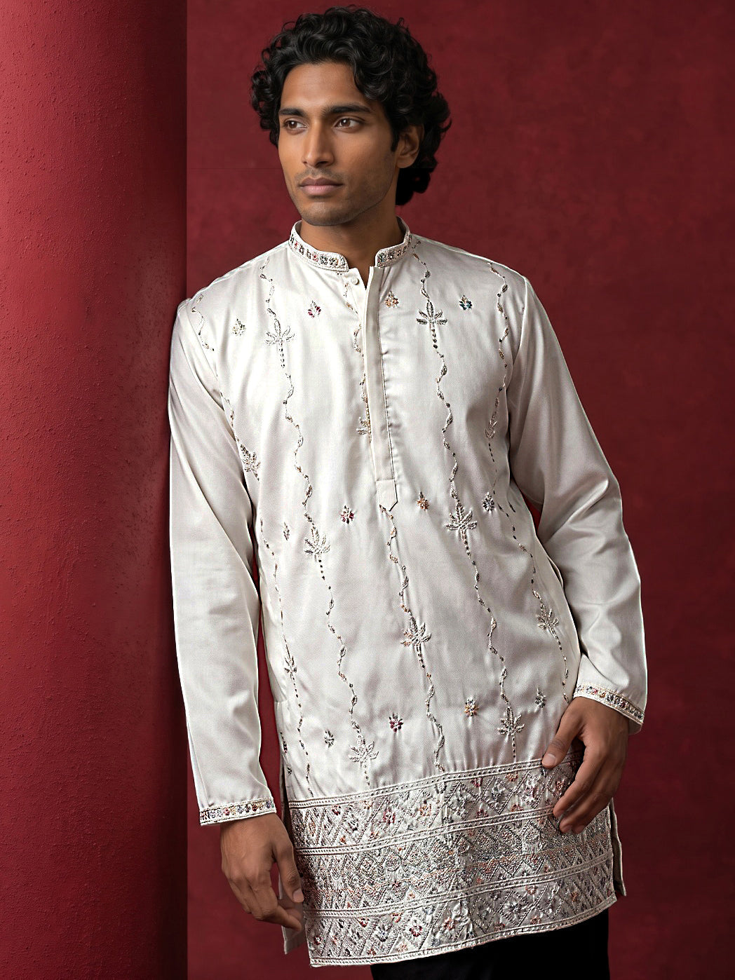 Men's Silk Blend Embroidered Kurta with Korean Pants Set ( 65KP PJ11B 5595White ) [FF] [G-4]