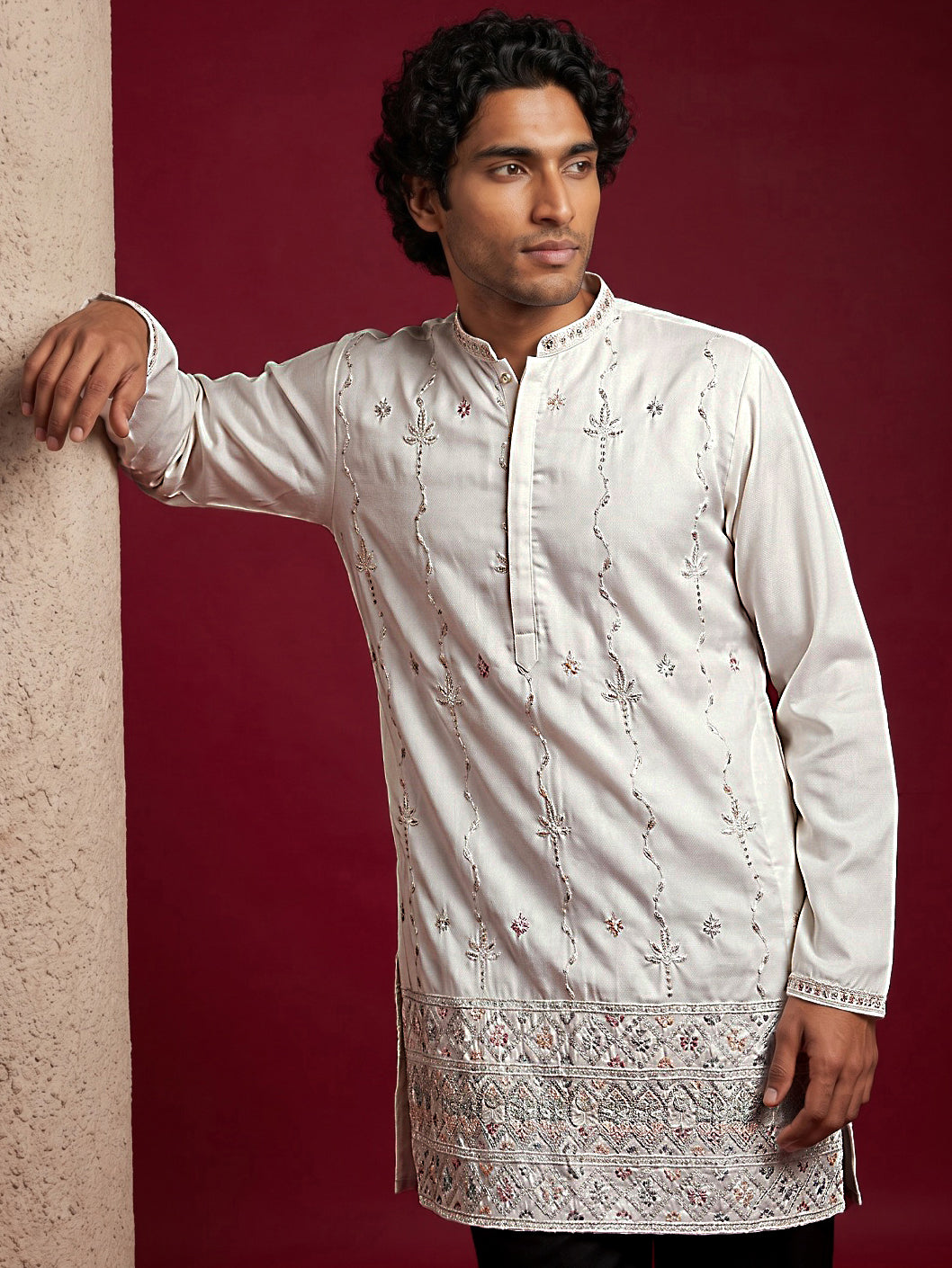 Men's Silk Blend Embroidered Kurta with Korean Pants Set ( 65KP PJ11B 5595White ) [FF] [G-4]