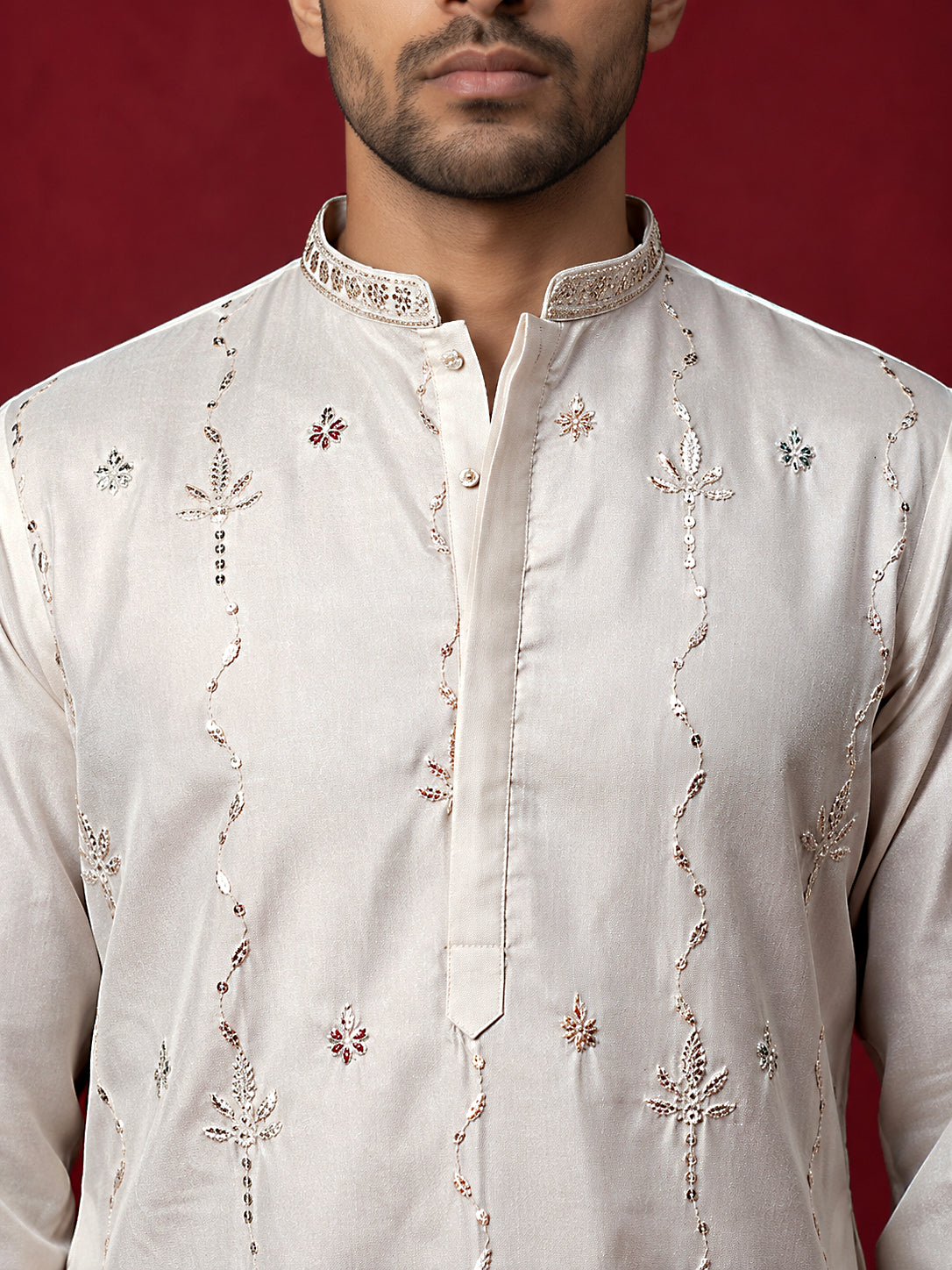 Men's Silk Blend Embroidered Kurta with Korean Pants Set ( 65KP PJ11B 5595White ) [FF] [G-4]