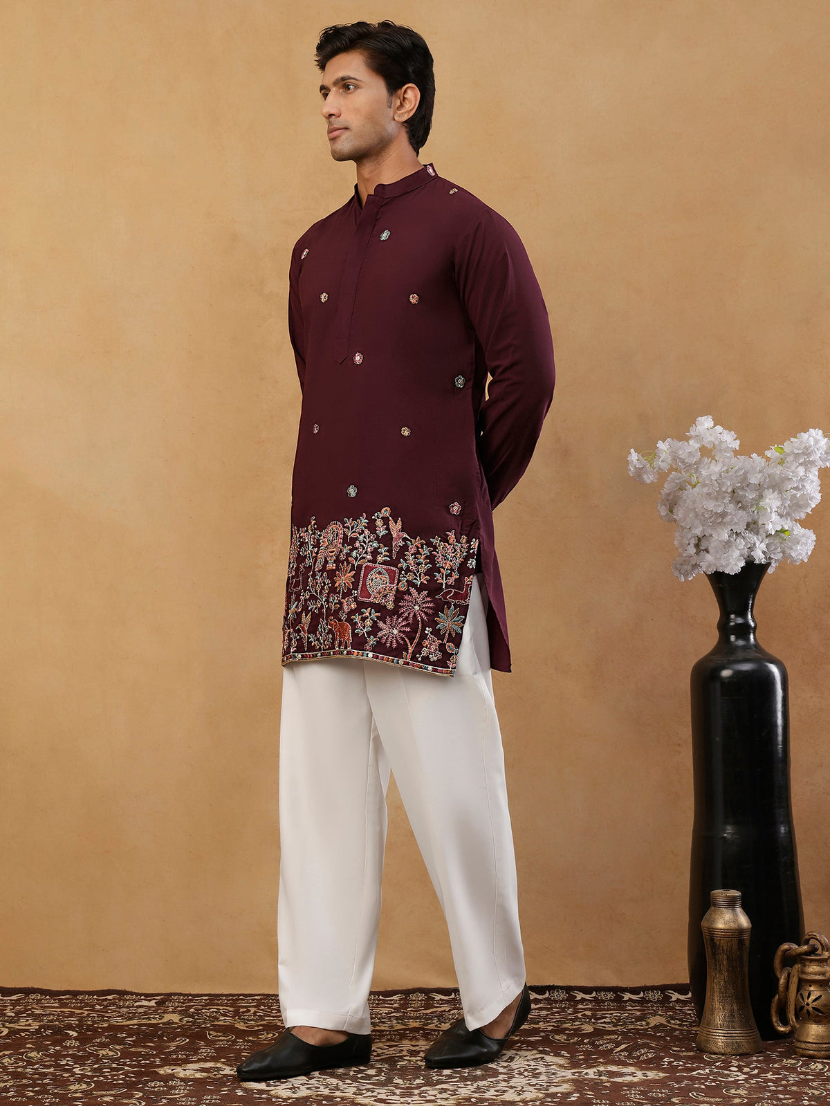 Japanese Fabric Embroidered Kurta with Korean Pants ( 65KP PJ11W F 5597 Purple )