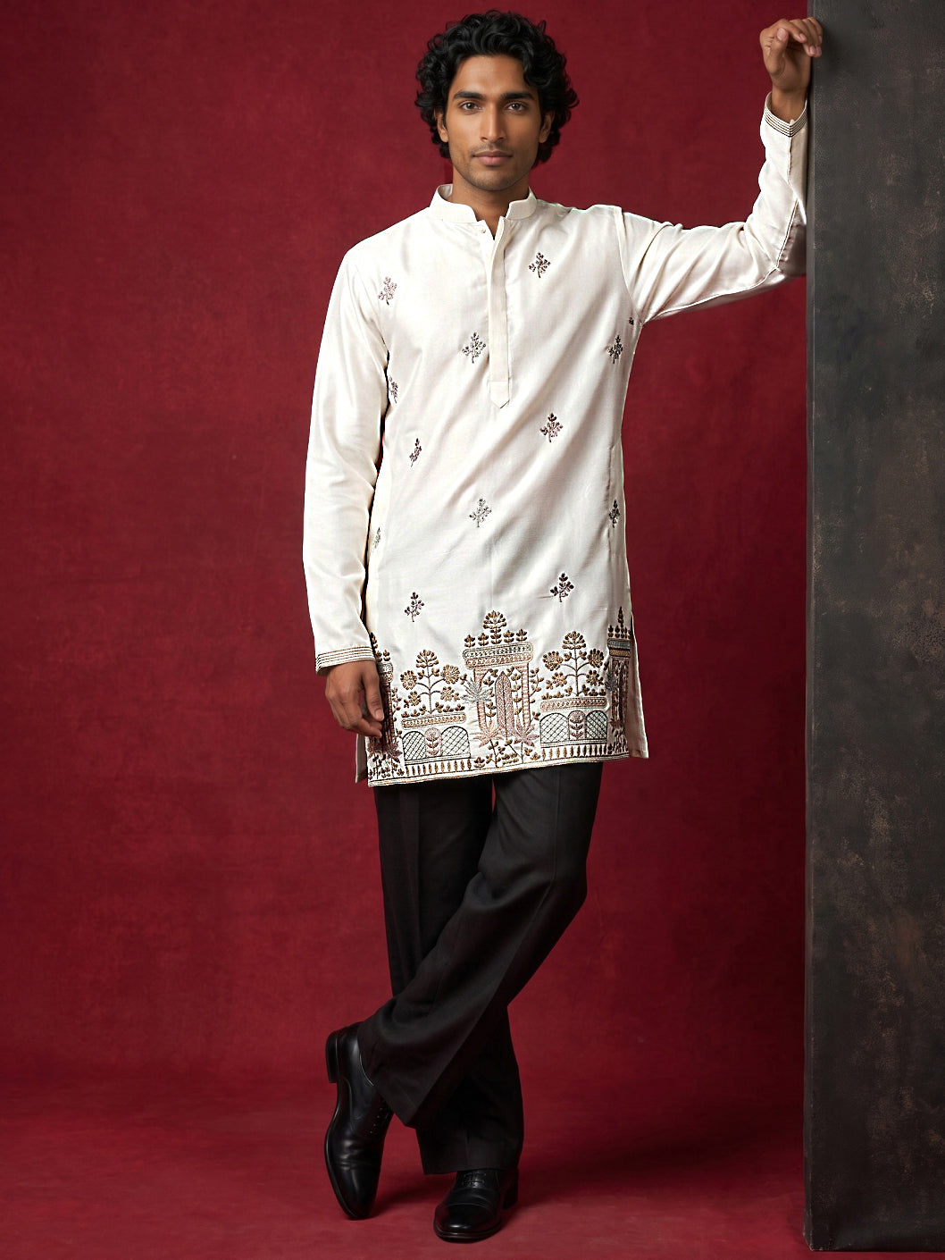 Silk Blend Embroidered Kurta & Korean Pants Set ( 65KP PJ11B 5599Cream ) [FF] [G-4]