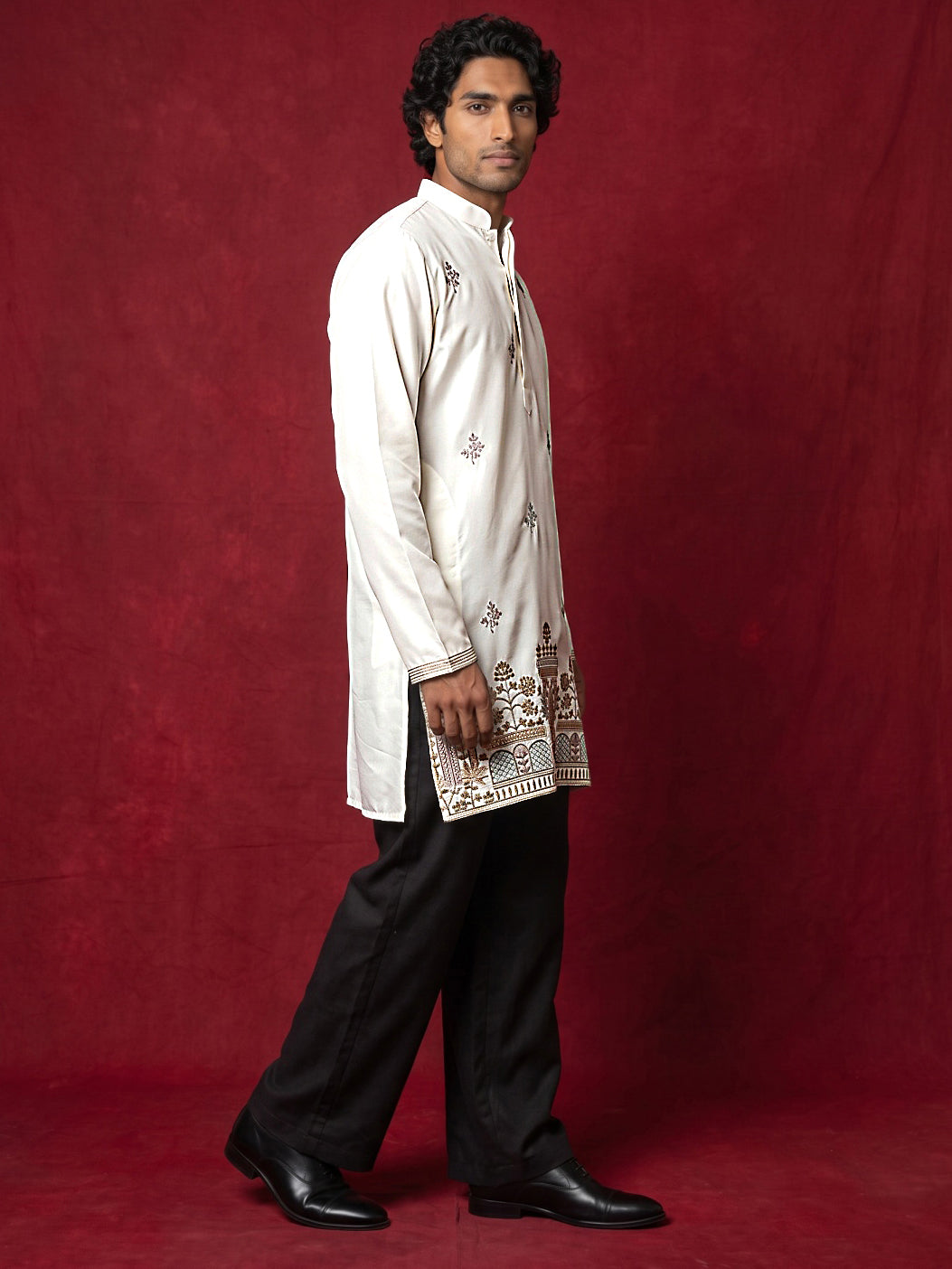 Silk Blend Embroidered Kurta & Korean Pants Set ( 65KP PJ11B 5599Cream ) [FF] [G-4]