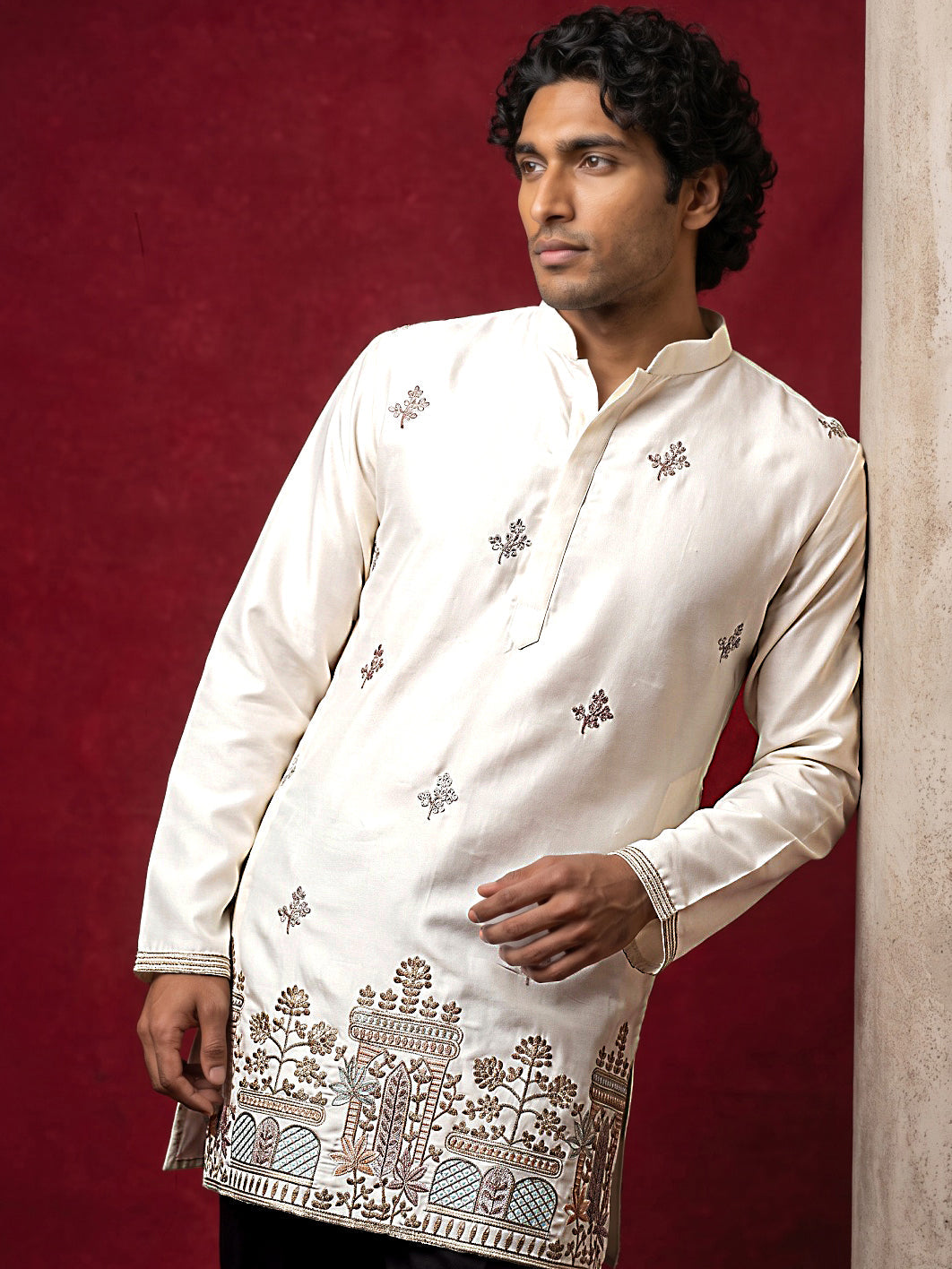 Silk Blend Embroidered Kurta & Korean Pants Set ( 65KP PJ11B 5599Cream ) [FF] [G-4]