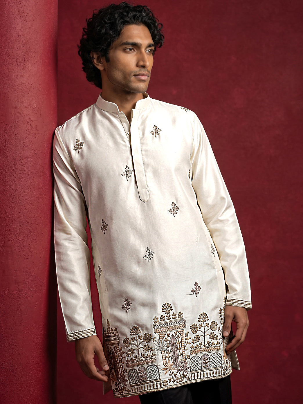 Silk Blend Embroidered Kurta & Korean Pants Set ( 65KP PJ11B 5599Cream ) [FF] [G-4]