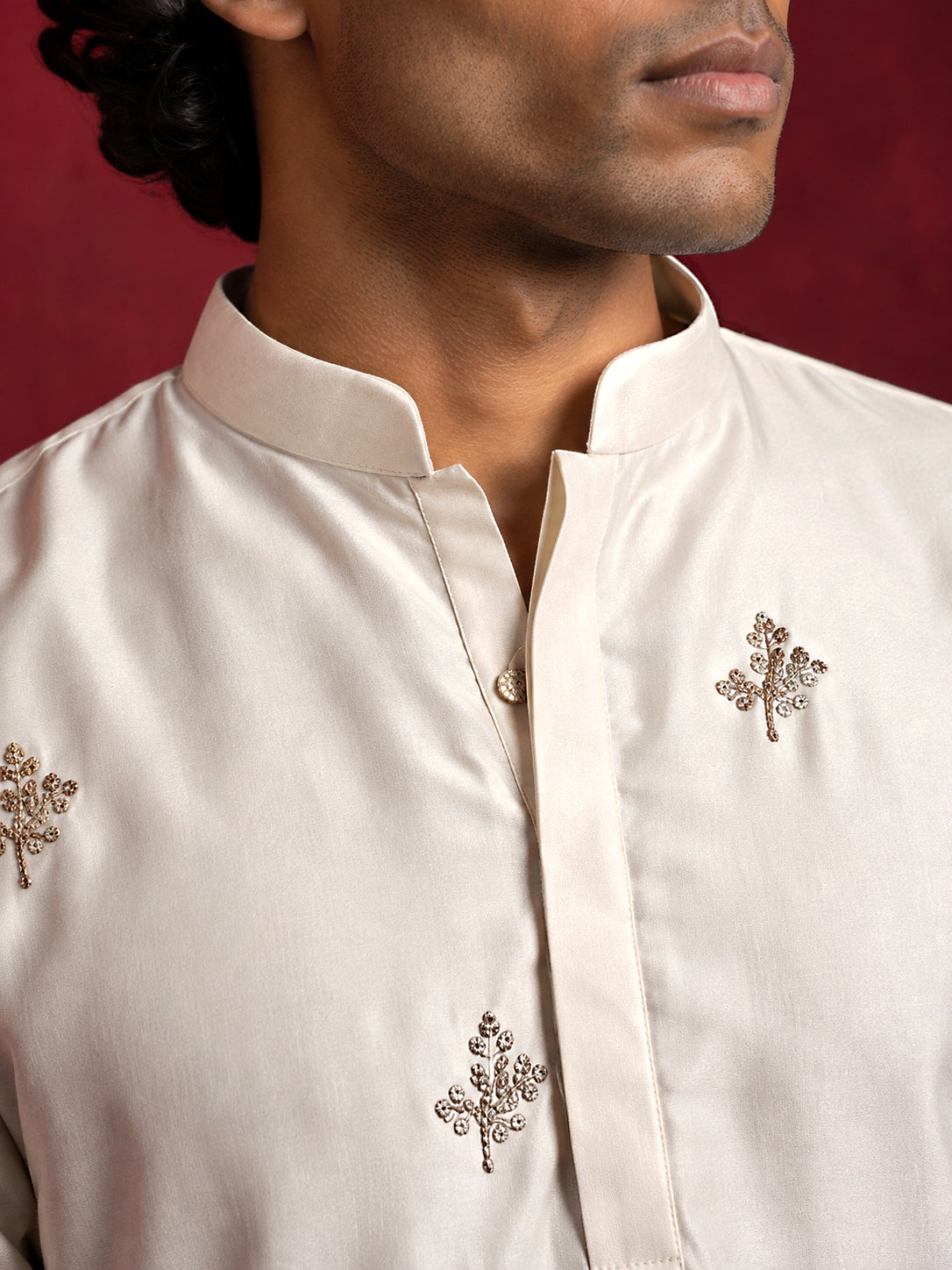 Silk Blend Embroidered Kurta & Korean Pants Set ( 65KP PJ11B 5599Cream ) [FF] [G-4]