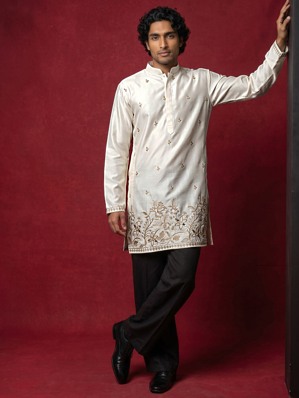Silk Blend Embroidered Kurta & Korean Pants Set ( 65KP PJ11B 5601Cream ) [FF] [D-1]