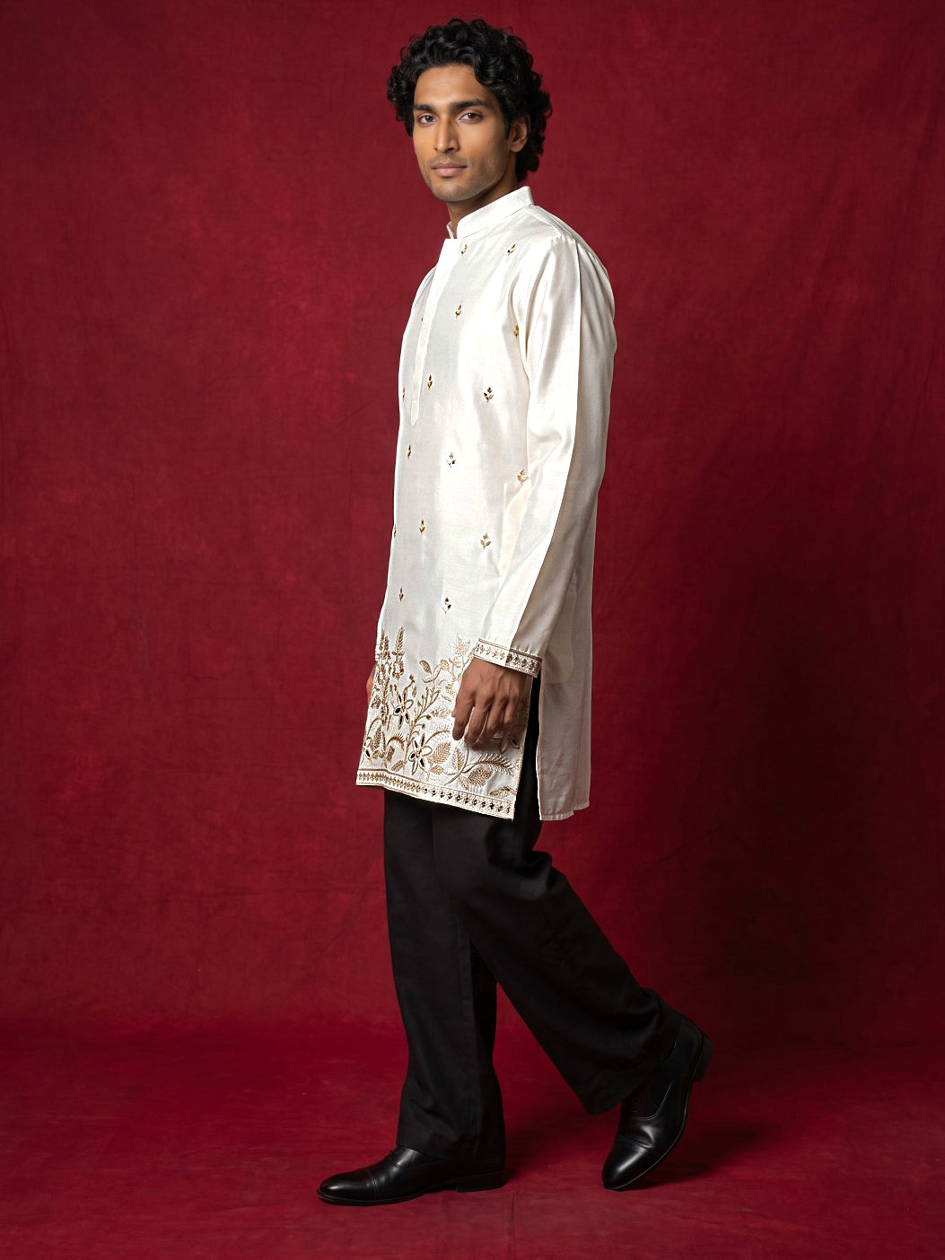 Silk Blend Embroidered Kurta & Korean Pants Set ( 65KP PJ11B 5601Cream ) [FF] [D-1]