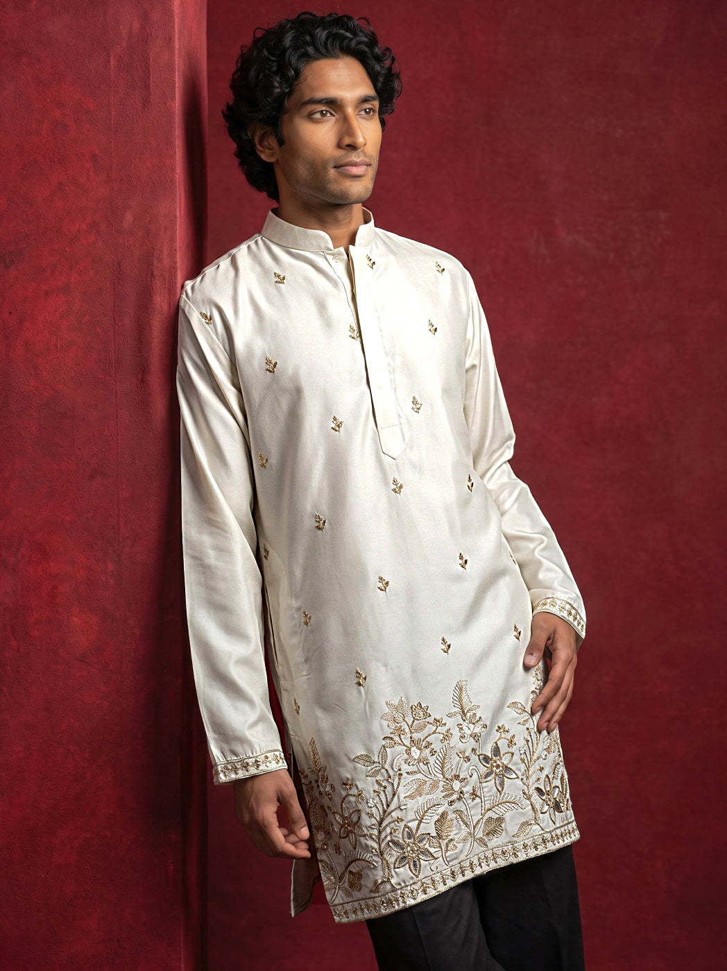 Silk Blend Embroidered Kurta & Korean Pants Set ( 65KP PJ11B 5601Cream ) [FF] [D-1]