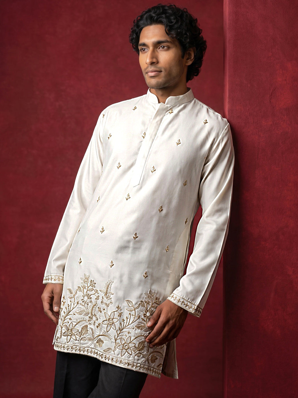 Silk Blend Embroidered Kurta & Korean Pants Set ( 65KP PJ11B 5601Cream ) [FF] [D-1]