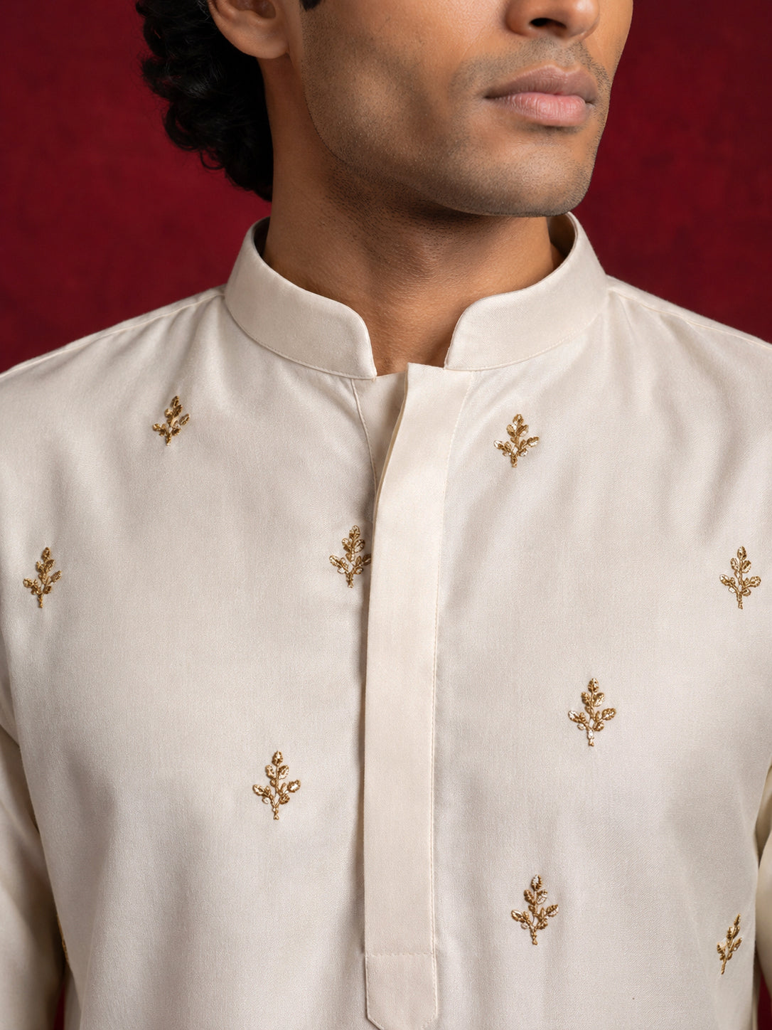 Silk Blend Embroidered Kurta & Korean Pants Set ( 65KP PJ11B 5601Cream ) [FF] [D-1]