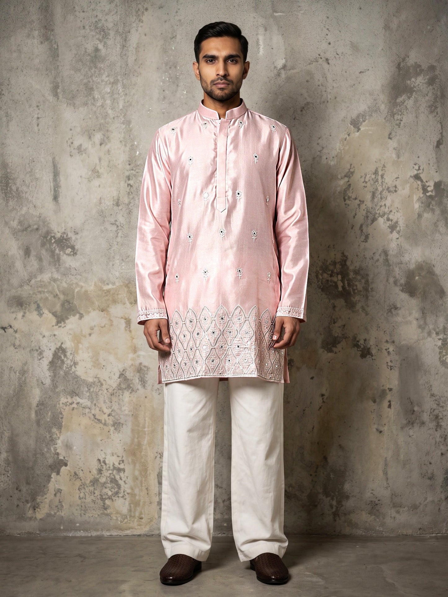 Men Designer Silk Blend Embroidered Kurta With Korean Pants ( 65KP PJ11W 5603Pink ) [FF] [G-4]
