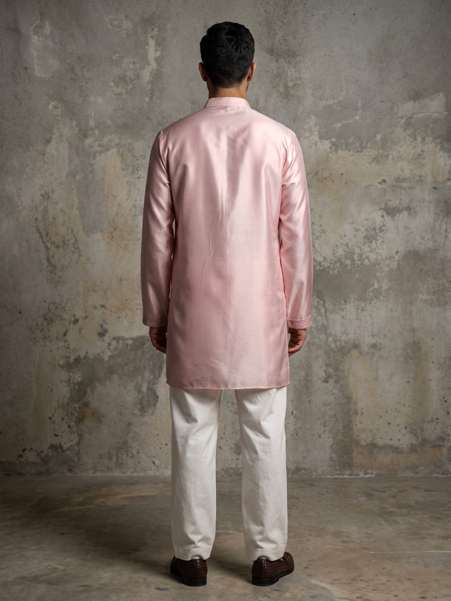 Men Designer Silk Blend Embroidered Kurta With Korean Pants ( 65KP PJ11W 5603Pink ) [FF] [G-4]