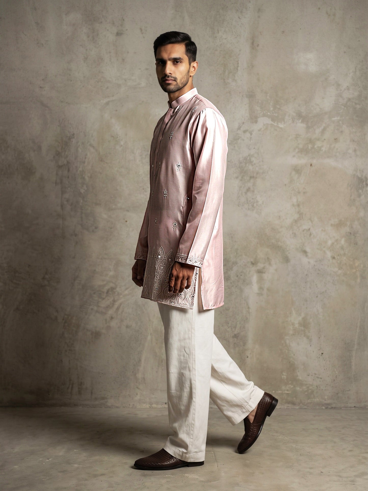 Men Designer Silk Blend Embroidered Kurta With Korean Pants ( 65KP PJ11W 5603Pink ) [FF] [G-4]