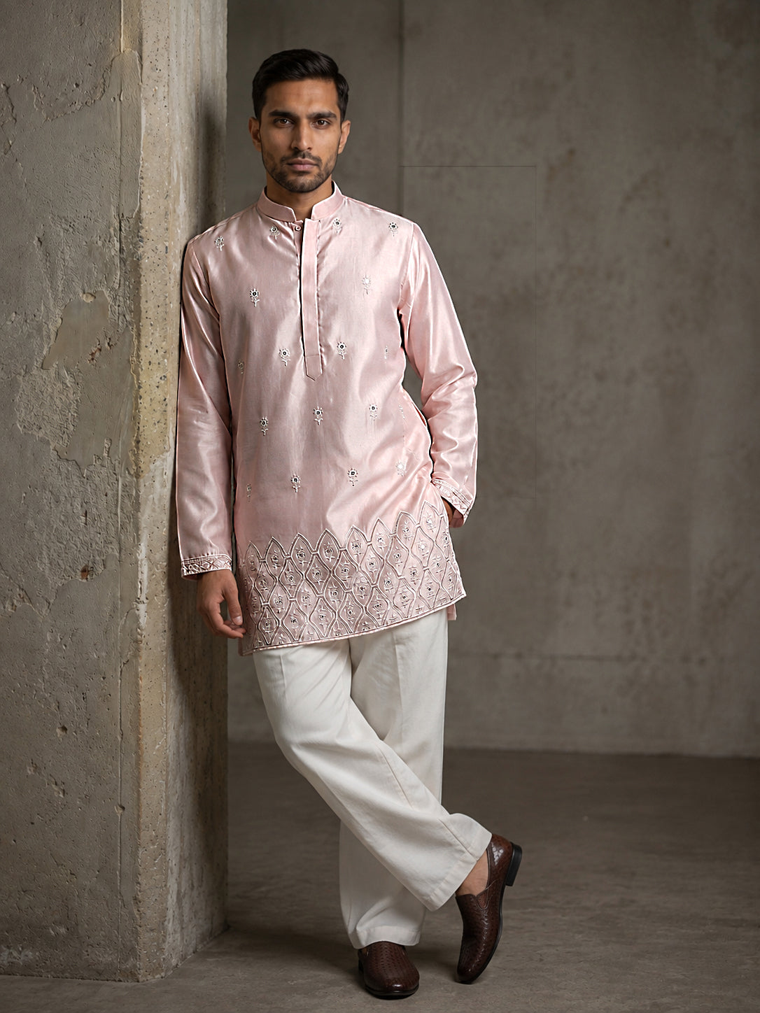 Men Designer Silk Blend Embroidered Kurta With Korean Pants ( 65KP PJ11W 5603Pink ) [FF] [G-4]