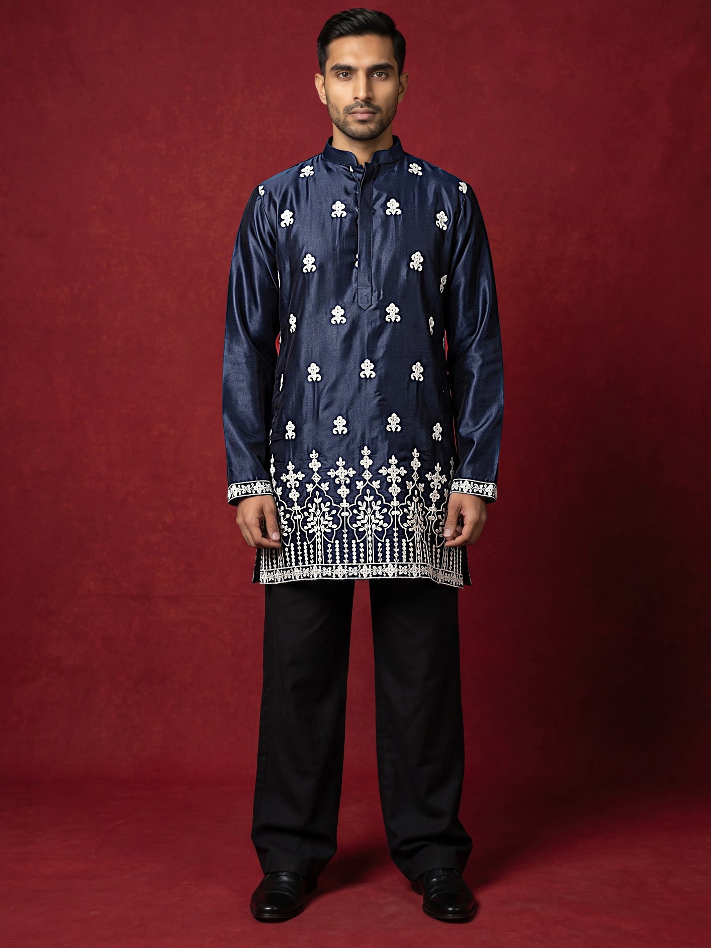 Men Ethnic Silk Blend Embroidered Kurta With Korean Pants ( 65KP PJ11B 5604Navy ) [FF] [G-4]
