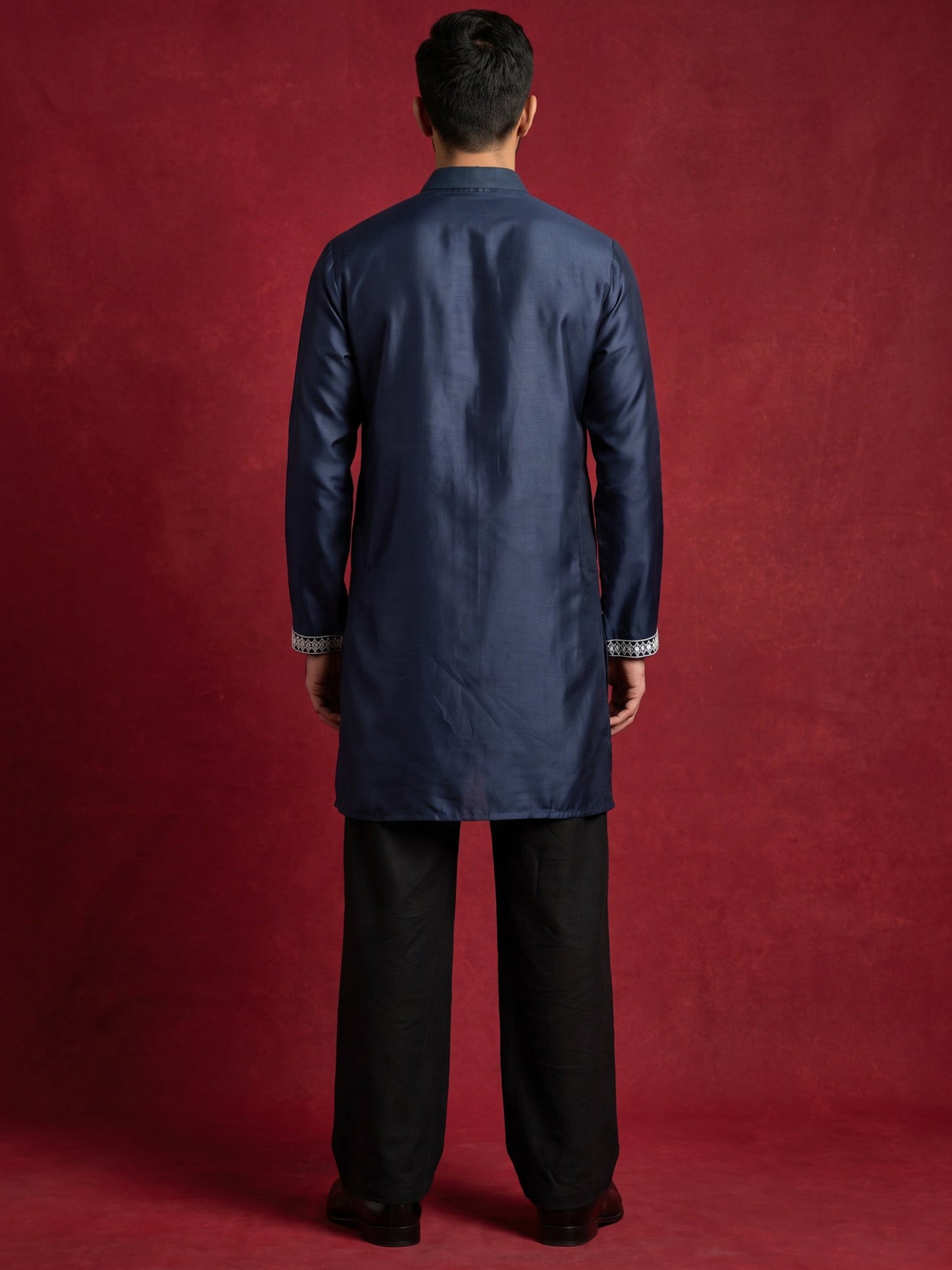 Men Ethnic Silk Blend Embroidered Kurta With Korean Pants ( 65KP PJ11B 5604Navy ) [FF] [G-4]