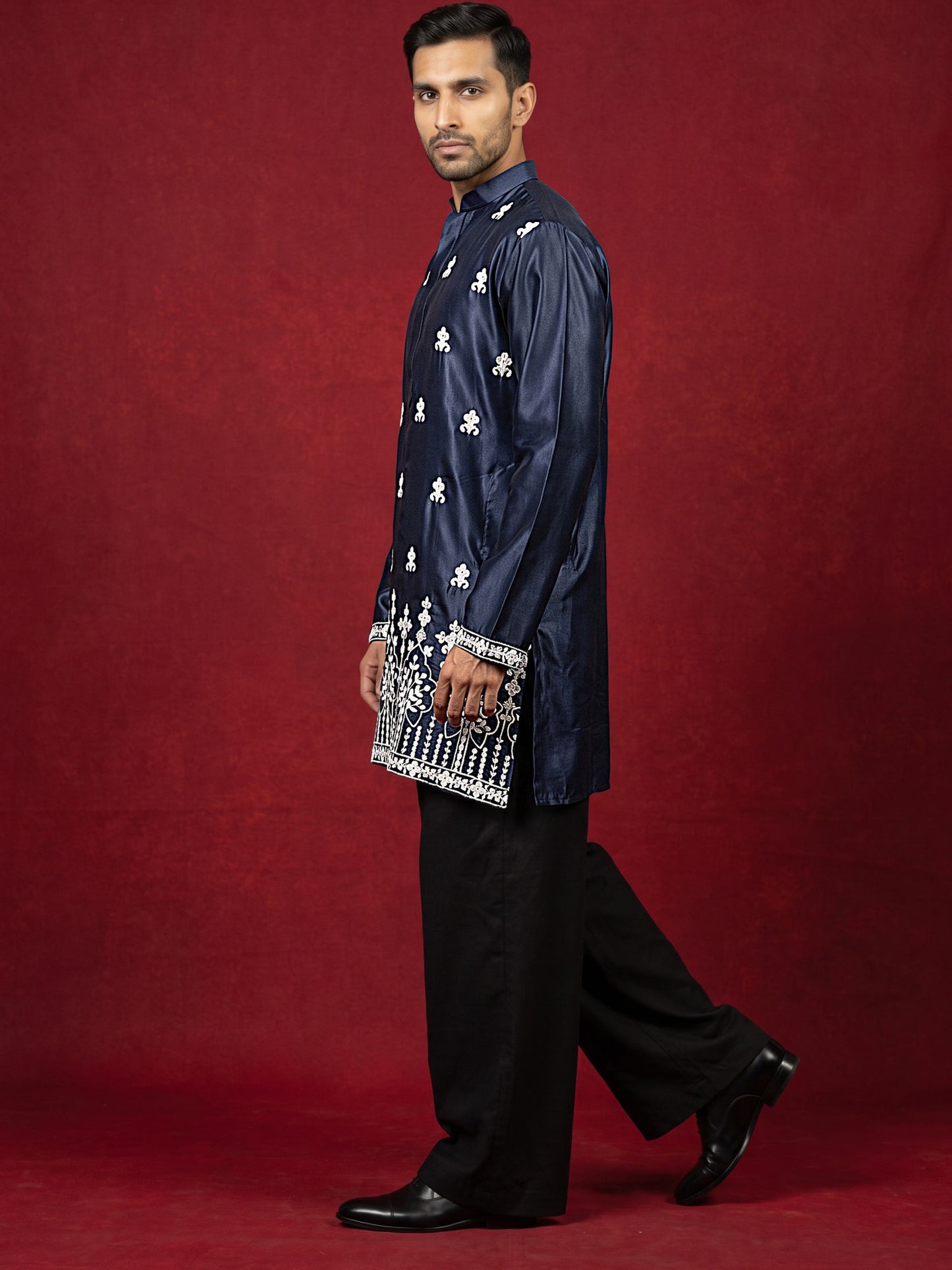 Men Ethnic Silk Blend Embroidered Kurta With Korean Pants ( 65KP PJ11B 5604Navy ) [FF] [G-4]