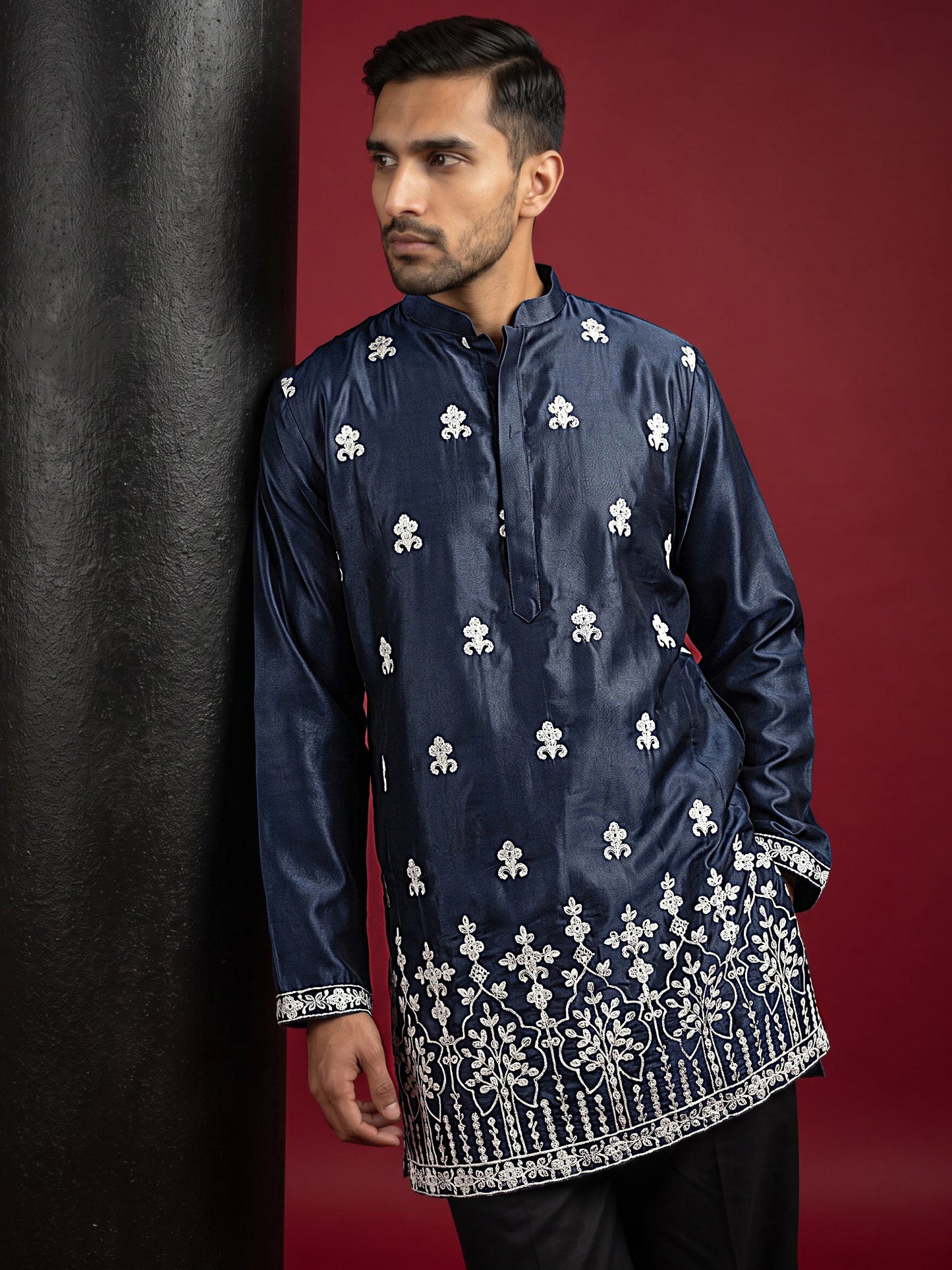 Men Ethnic Silk Blend Embroidered Kurta With Korean Pants ( 65KP PJ11B 5604Navy ) [FF] [G-4]
