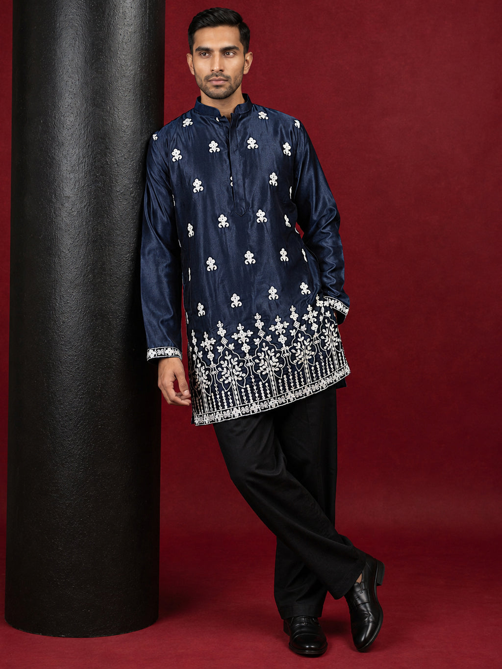 Men Ethnic Silk Blend Embroidered Kurta With Korean Pants ( 65KP PJ11B 5604Navy ) [FF] [G-4]